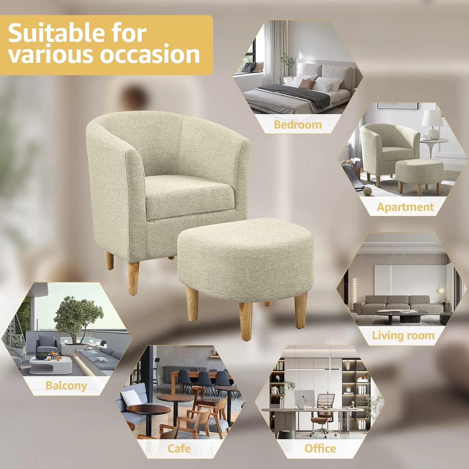 Accent Chair, Barrel Chair with Ottoman Comfy Arm Mid Century Modern Footrest Set Comfortable Living Room Chairs Upholstered Club Tub Sofa for Bedroom Reading Beige Set of 1