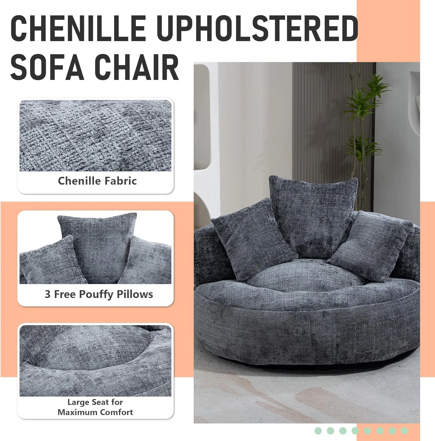 Adults Bean Bag Chair, Soft Beanbag Chair with 3 Pillows, Round Chair with Wide Backrest, Stuffed High-Density Foam, Comfy Chair for Bedroom, Living Room and Apartment, Gray