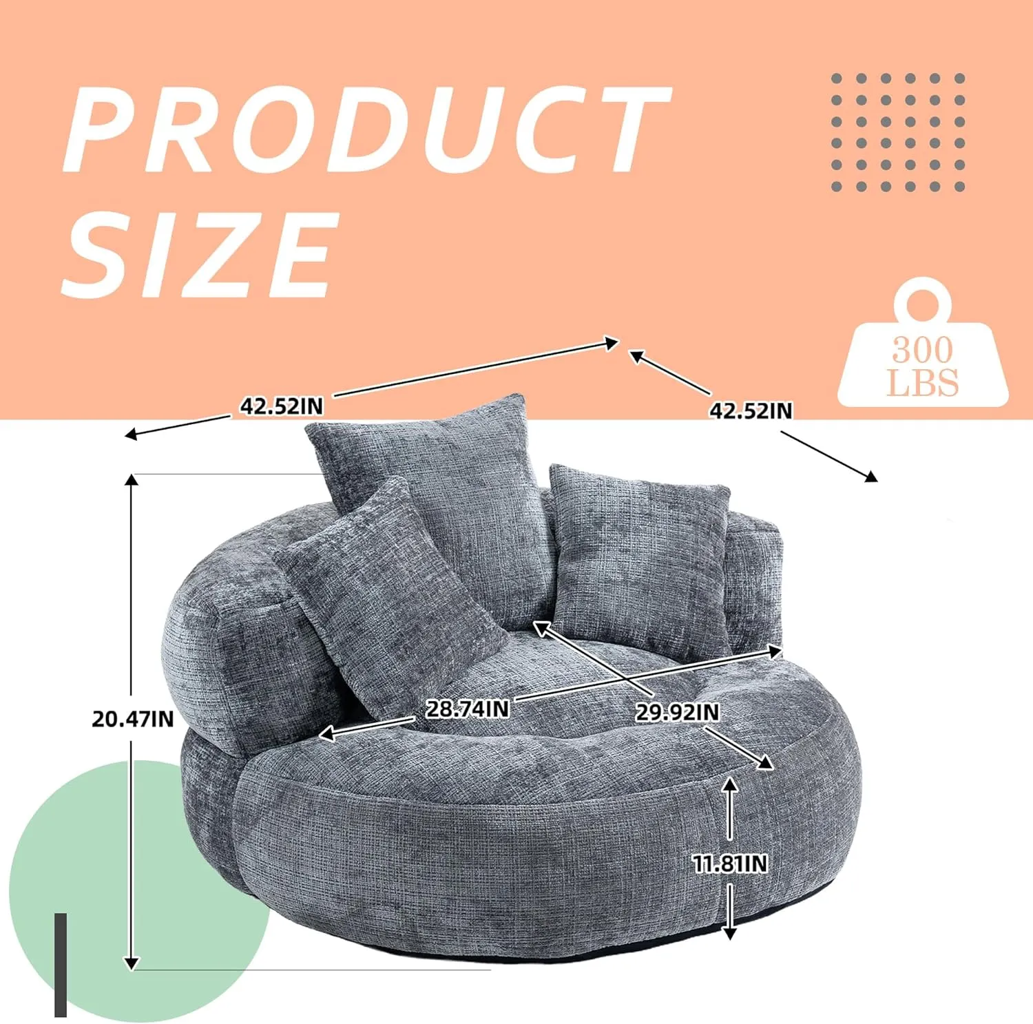 Adults Bean Bag Chair, Soft Beanbag Chair with 3 Pillows, Round Chair with Wide Backrest, Stuffed High-Density Foam, Comfy Chair for Bedroom, Living Room and Apartment, Gray