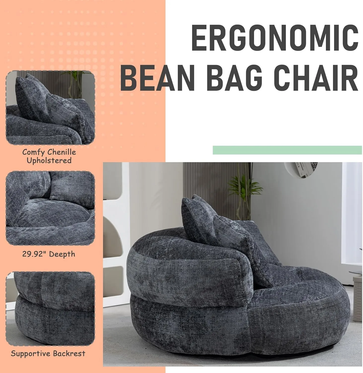 Adults Bean Bag Chair, Soft Beanbag Chair with 3 Pillows, Round Chair with Wide Backrest, Stuffed High-Density Foam, Comfy Chair for Bedroom, Living Room and Apartment, Gray