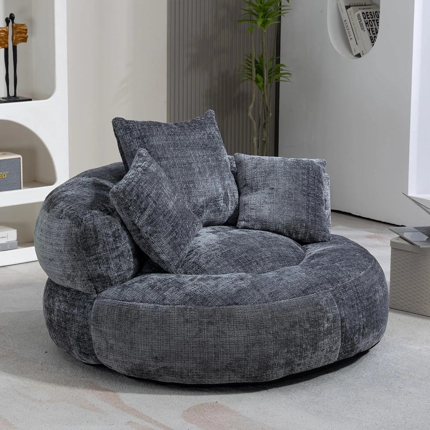 Adults Bean Bag Chair, Soft Beanbag Chair with 3 Pillows, Round Chair with Wide Backrest, Stuffed High-Density Foam, Comfy Chair for Bedroom, Living Room and Apartment, Gray