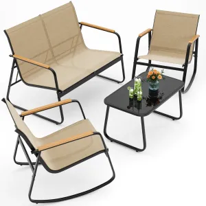 Ahomly Outdoor Patio Furniture Set 4 Pieces, Conversation Textilene Fabric Chairs with Coffee Table Rocking Chairs Bistro Set for Backyard, Poolside, Porch (Brown)