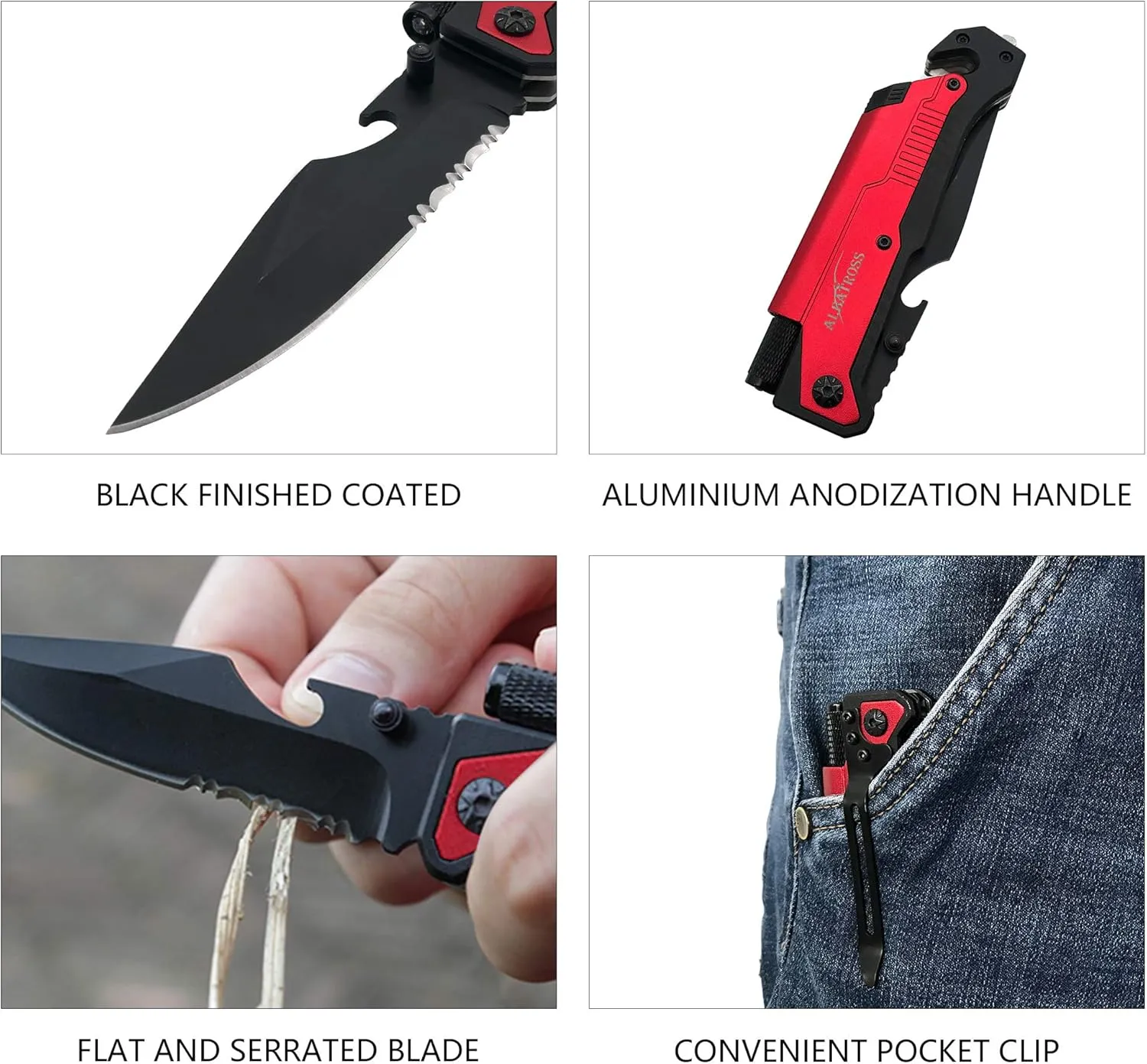 ALBATROSS 6-in-1 Survival Tactical Military Folding Pocket Knives with LED Light,Rope Cutter,Glass Breaker,Magnesium Fire Starter,Bottle Opener;Multi-Function Emergency Tool(Red)