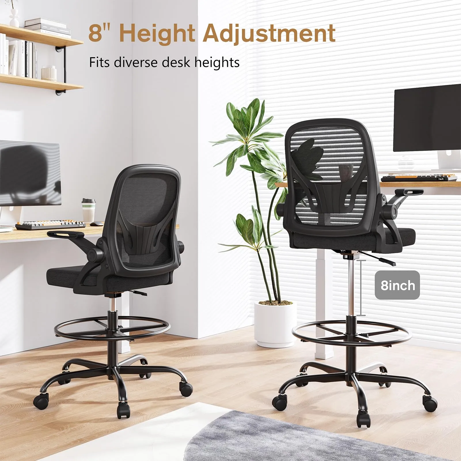 Alolo Drafting Chair with Flip-up Armrests,Tall Office Chair Adjustable Height and Ergonomic Standing Desk Chairs with Lumbar Support and Adjustable Footrest Ring（Black）