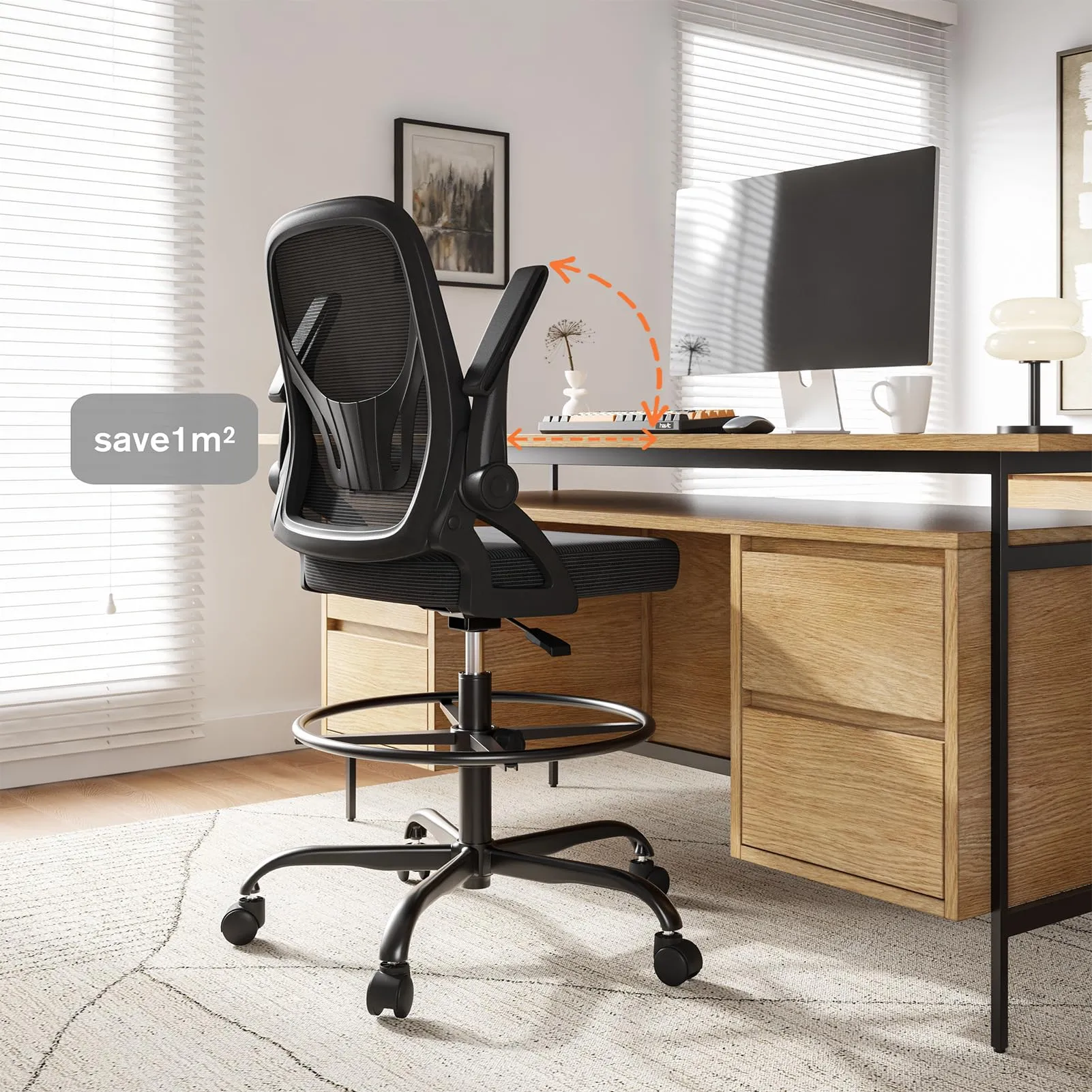 Alolo Drafting Chair with Flip-up Armrests,Tall Office Chair Adjustable Height and Ergonomic Standing Desk Chairs with Lumbar Support and Adjustable Footrest Ring（Black）