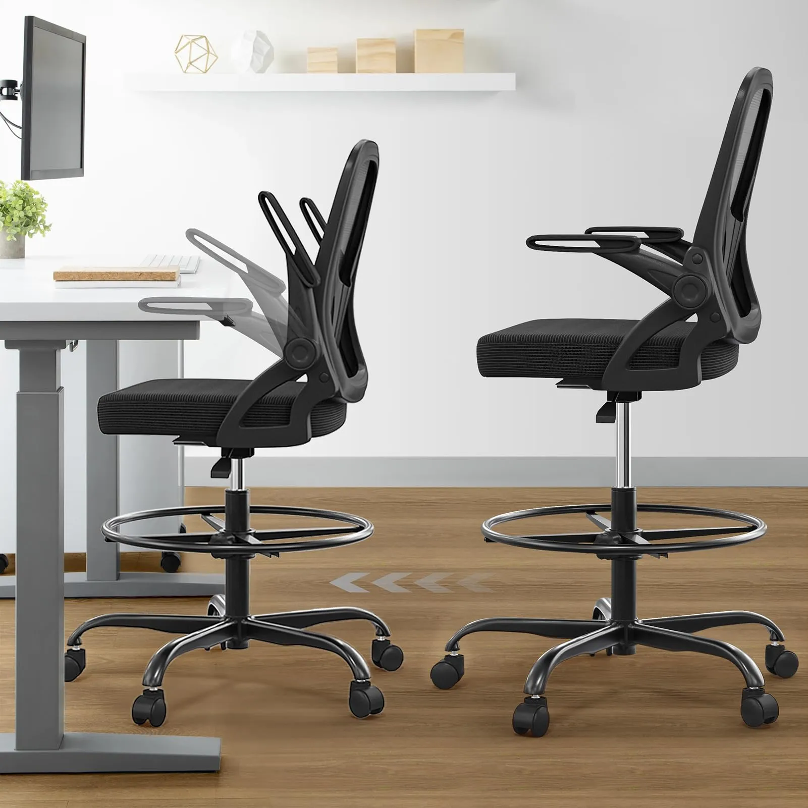 Alolo Drafting Chair with Flip-up Armrests,Tall Office Chair Adjustable Height and Ergonomic Standing Desk Chairs with Lumbar Support and Adjustable Footrest Ring（Black）