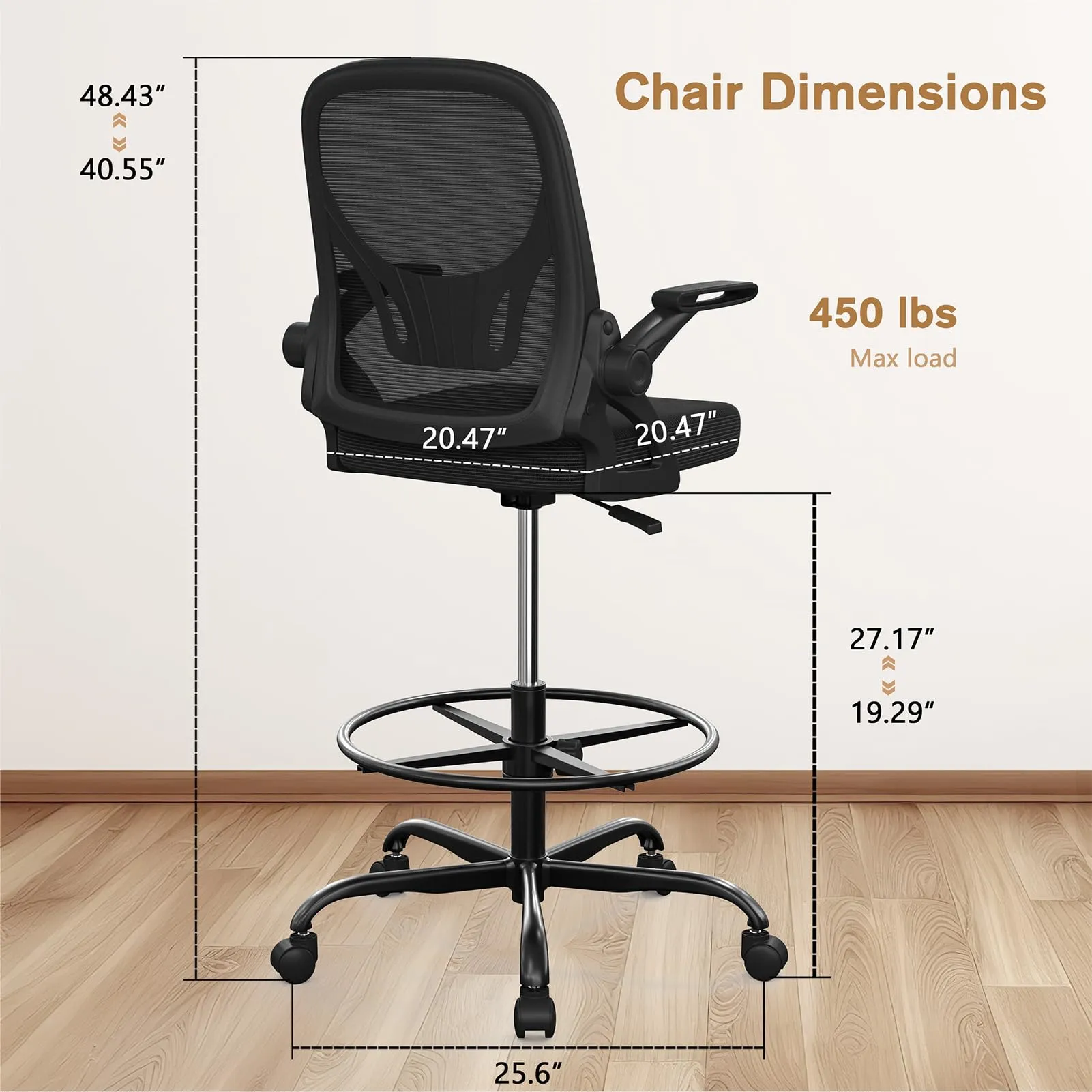 Alolo Drafting Chair with Flip-up Armrests,Tall Office Chair Adjustable Height and Ergonomic Standing Desk Chairs with Lumbar Support and Adjustable Footrest Ring（Black）