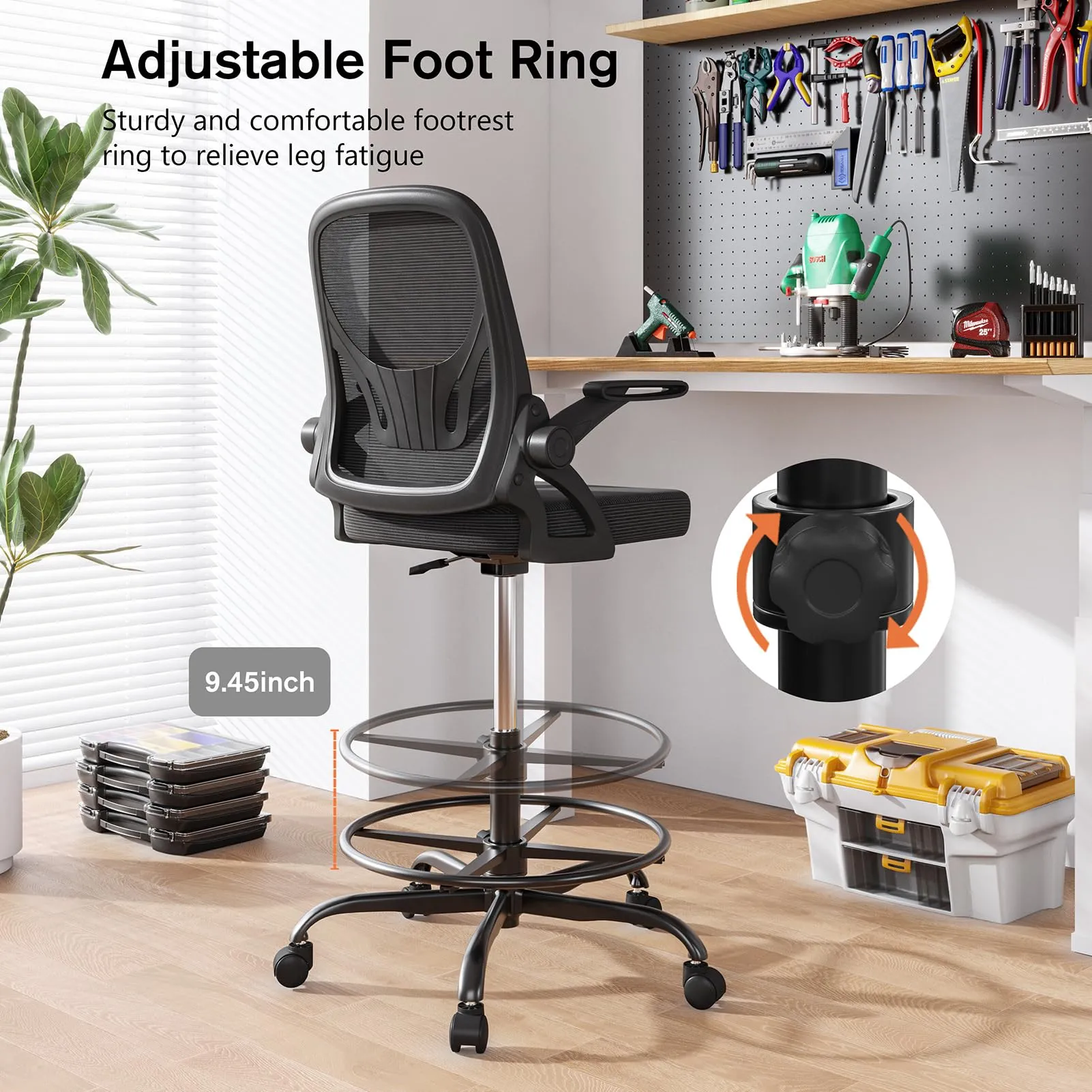 Alolo Drafting Chair with Flip-up Armrests,Tall Office Chair Adjustable Height and Ergonomic Standing Desk Chairs with Lumbar Support and Adjustable Footrest Ring（Black）