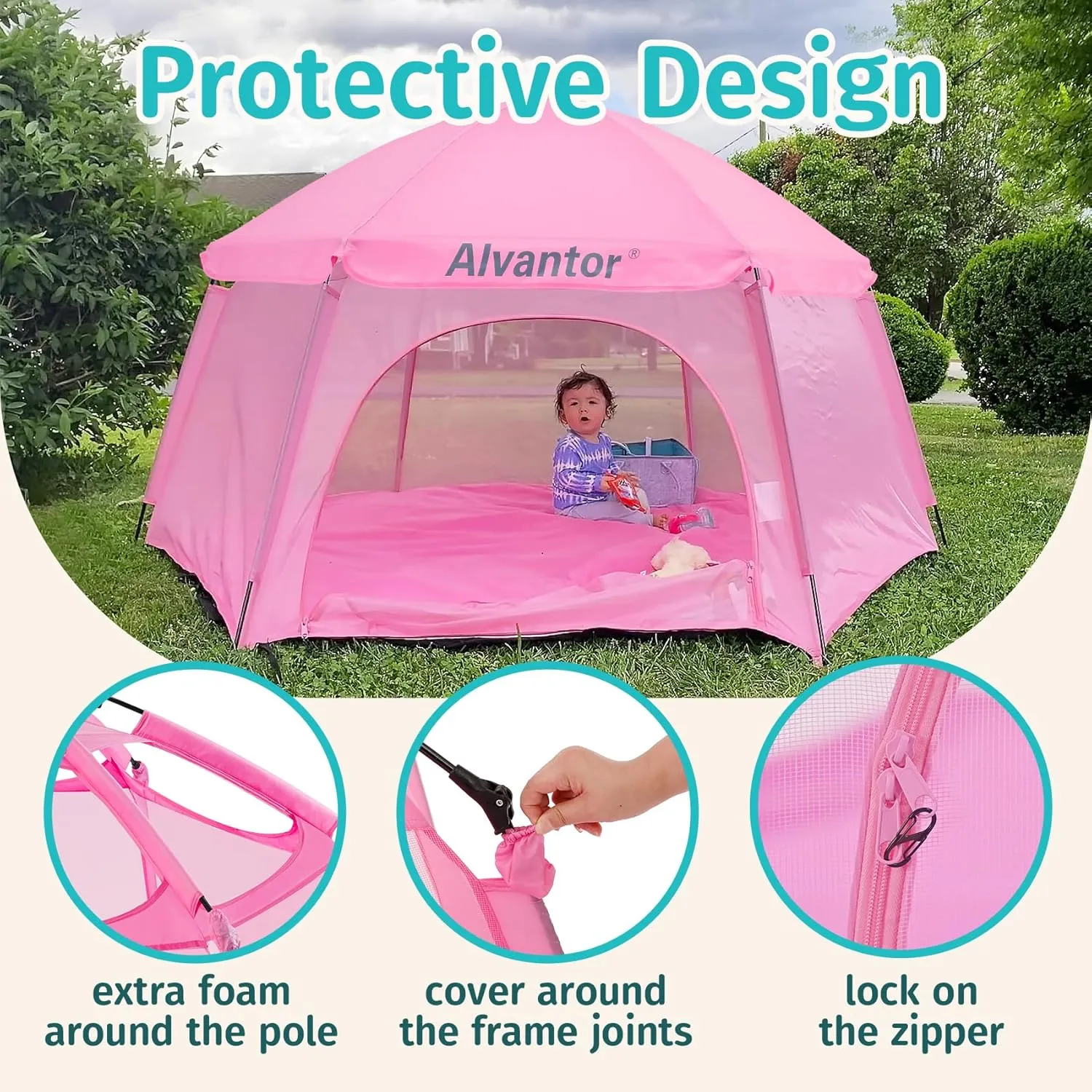 Alvantor Pop Up Playpen- 7'x7'x44”Baby Playpens Large Kids Play Tent Portable and Foldable Playpen Indoor/Outdoor Play Yard with Protective Mesh, UV SPF 50  Sunshade, and Soft Foam Floor, Pink