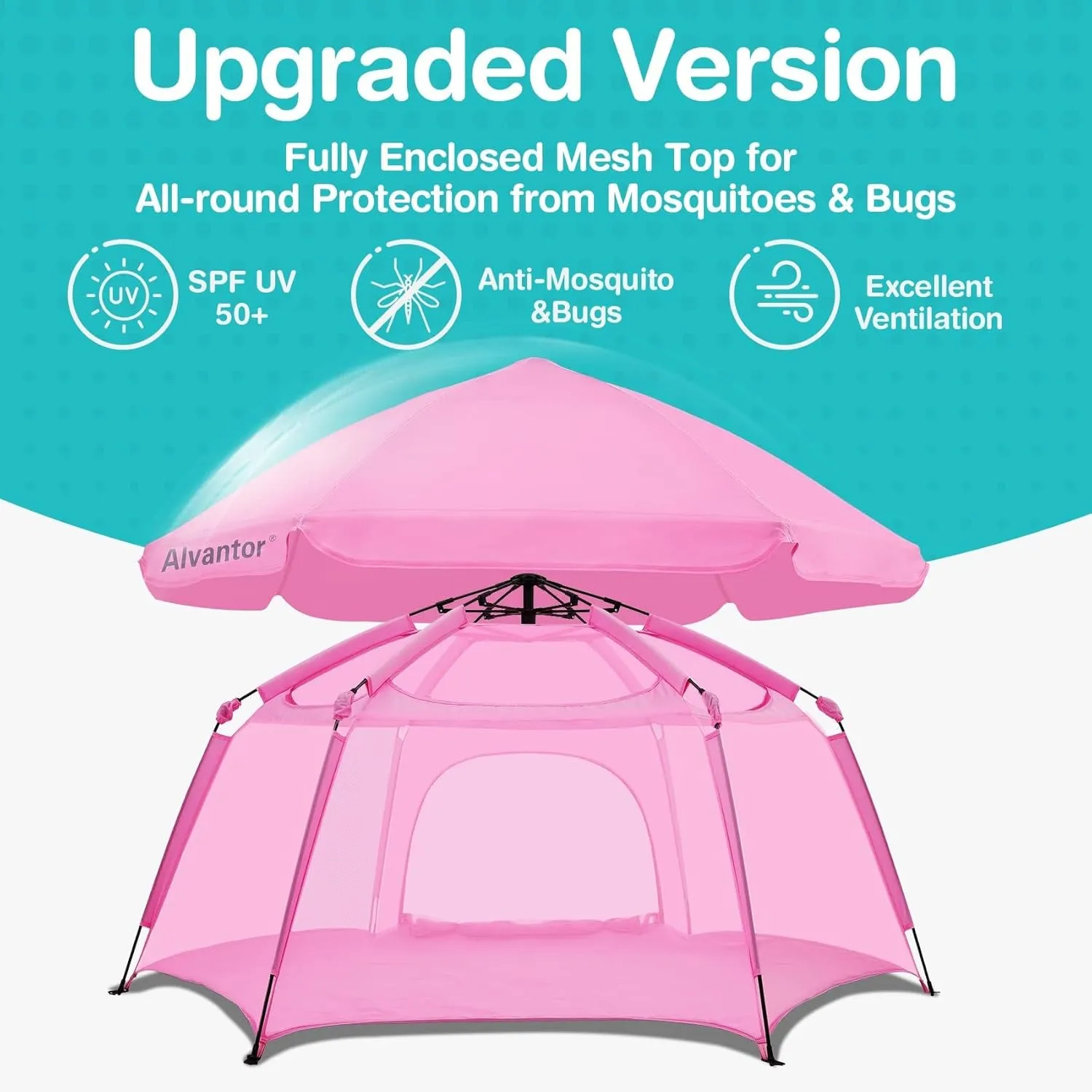 Alvantor Pop Up Playpen- 7'x7'x44”Baby Playpens Large Kids Play Tent Portable and Foldable Playpen Indoor/Outdoor Play Yard with Protective Mesh, UV SPF 50  Sunshade, and Soft Foam Floor, Pink