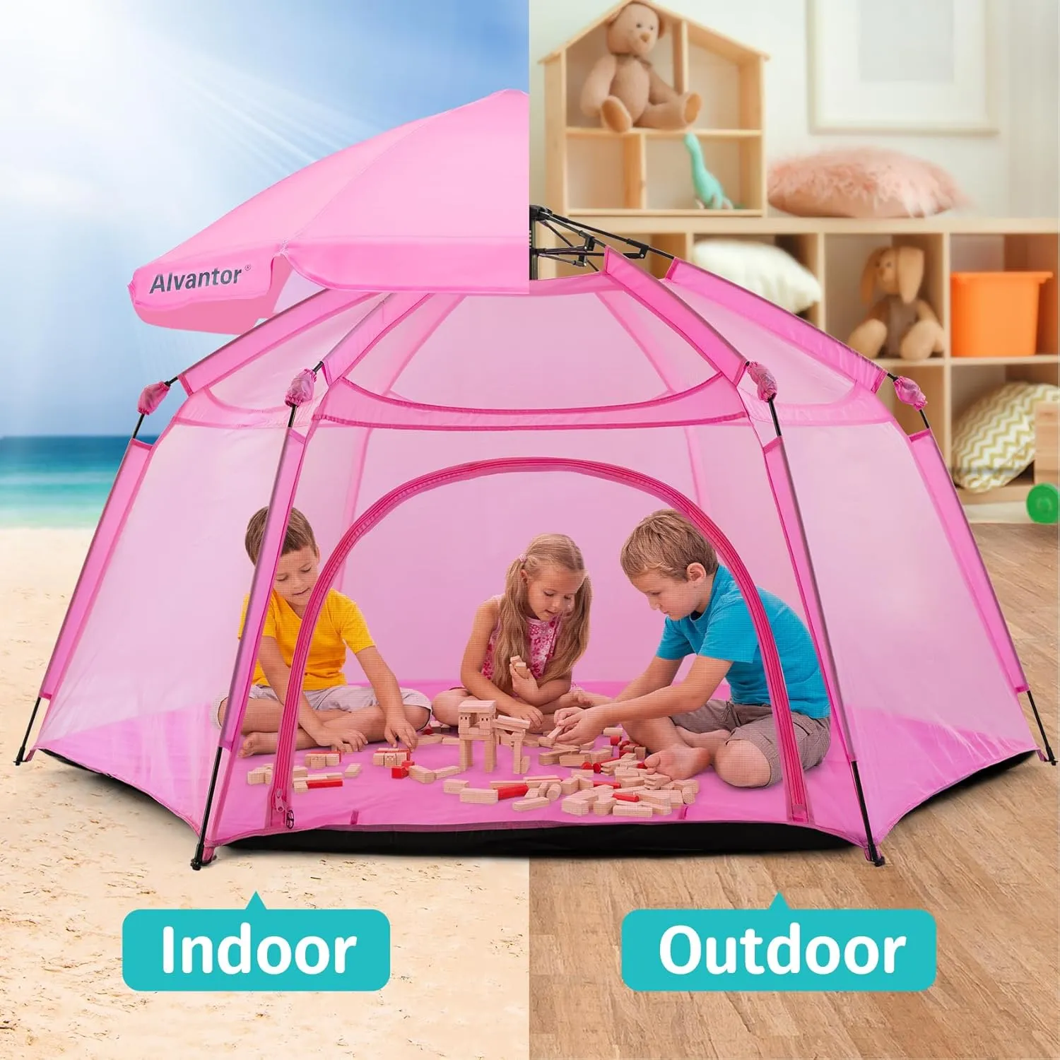 Alvantor Pop Up Playpen- 7'x7'x44”Baby Playpens Large Kids Play Tent Portable and Foldable Playpen Indoor/Outdoor Play Yard with Protective Mesh, UV SPF 50  Sunshade, and Soft Foam Floor, Pink