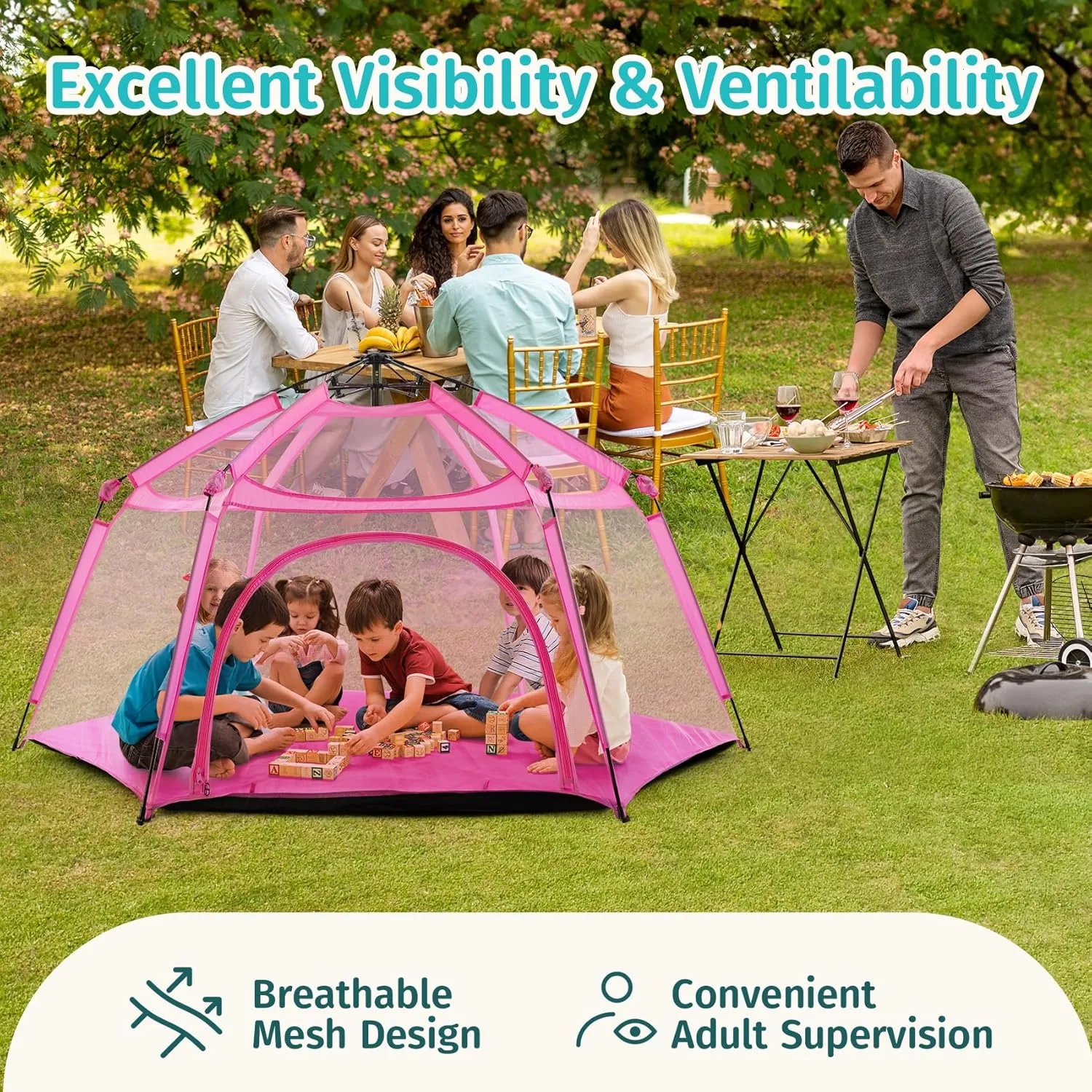 Alvantor Pop Up Playpen- 7'x7'x44”Baby Playpens Large Kids Play Tent Portable and Foldable Playpen Indoor/Outdoor Play Yard with Protective Mesh, UV SPF 50  Sunshade, and Soft Foam Floor, Pink