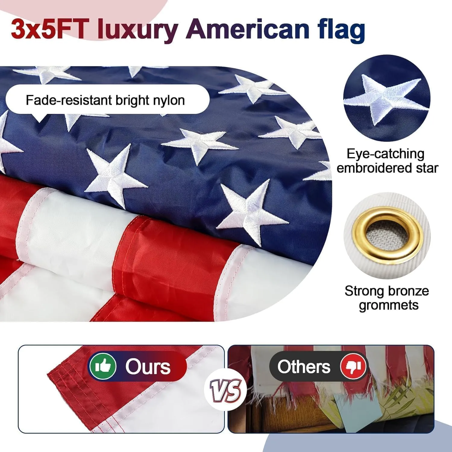 American Flag with Pole - Includes 5ft Heavy Duty Flag Pole Holder for Outside House,3x5 Embroidered US Flag and Wall Mount Bracket,Tangle Free Flagpoles Kit for Porch,Garage,Outdoor