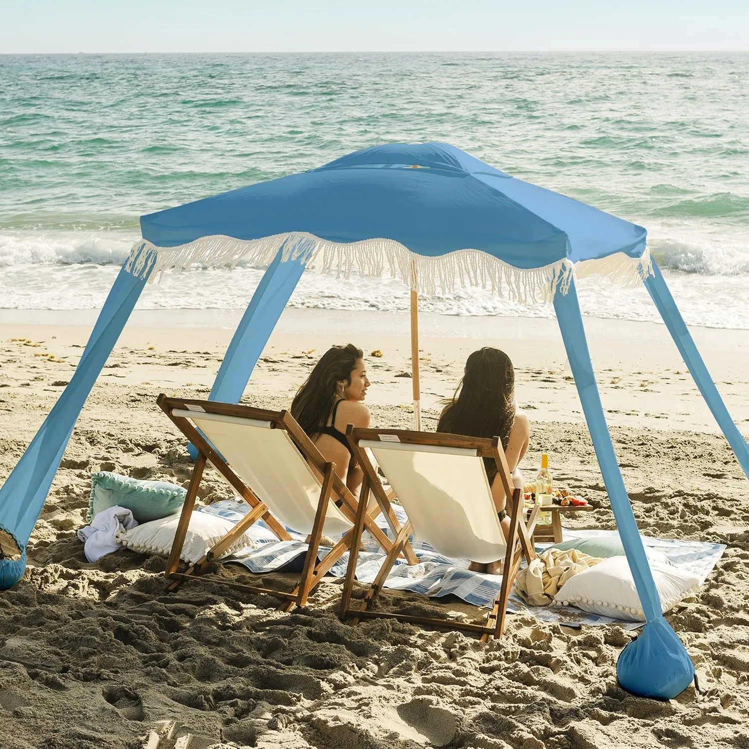 AMMSUN Beach Cabana with Fringe, 6'×6' Boho Beach Canopy with Tassels, Easy Set up & Premium Wood Pole, Cabana Tent with Sand Pockets, Instant Sun Shade for Sand, Garden, Patio, Blue