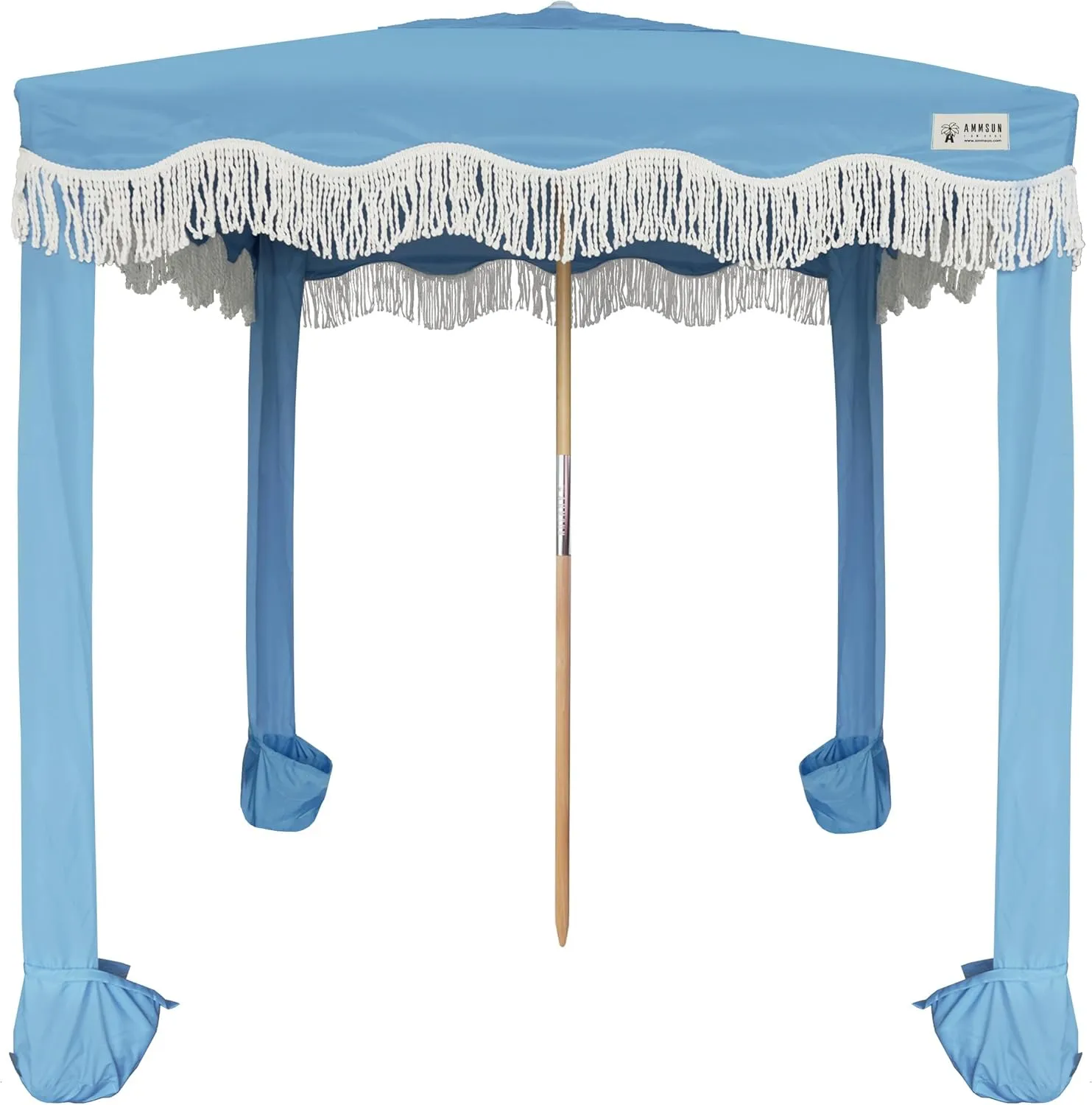AMMSUN Beach Cabana with Fringe, 6'×6' Boho Beach Canopy with Tassels, Easy Set up & Premium Wood Pole, Cabana Tent with Sand Pockets, Instant Sun Shade for Sand, Garden, Patio, Blue