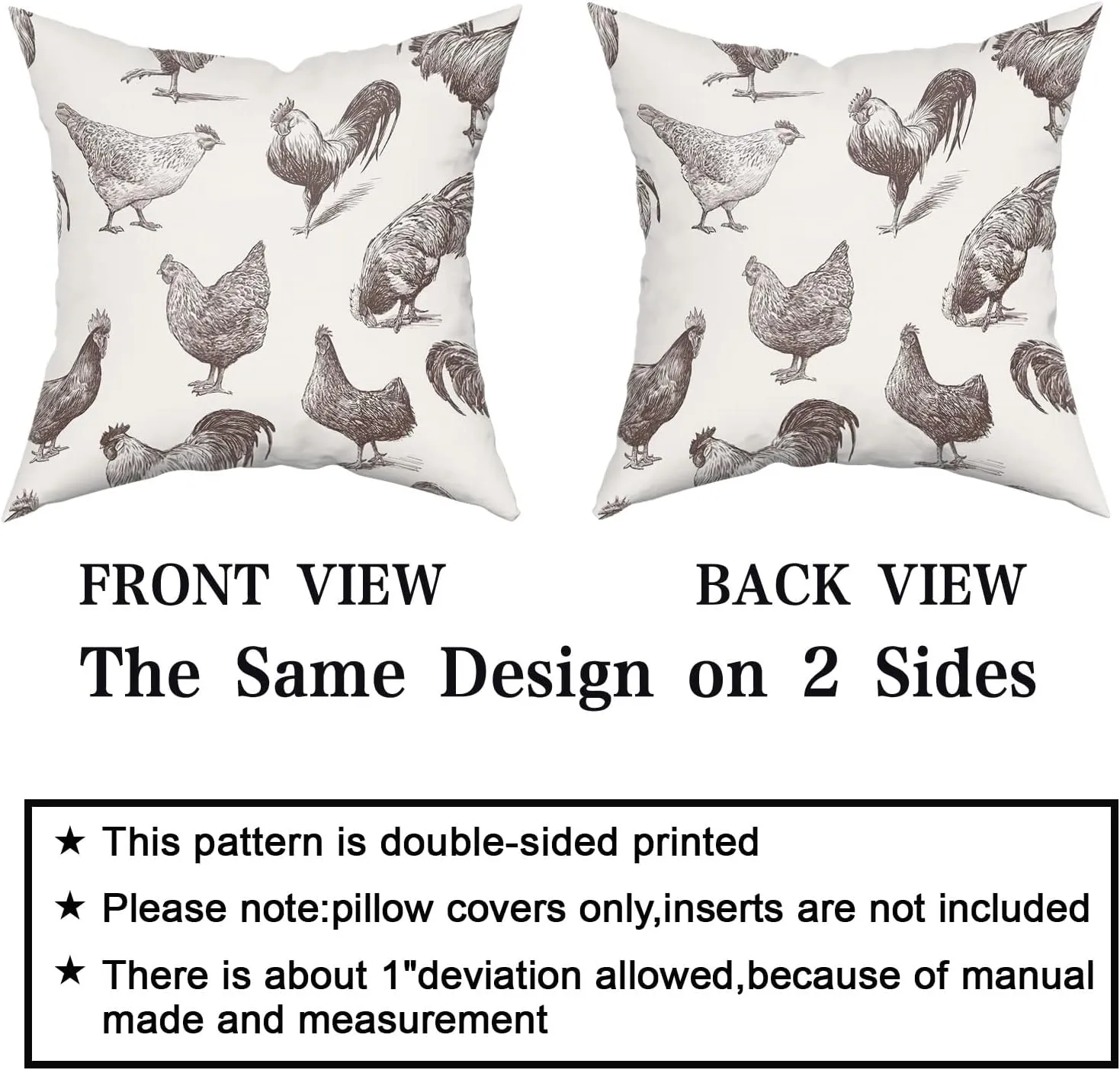 aportt Chicken Rooster Pillow Cover Set of 2 Cocks and Hens Sketch Farm Cockerel Cotton Decorative Throw Pillow Case Cushion Cover for Bedroom Sofa Living Room Couch Chair Office 18 x 18 Inch