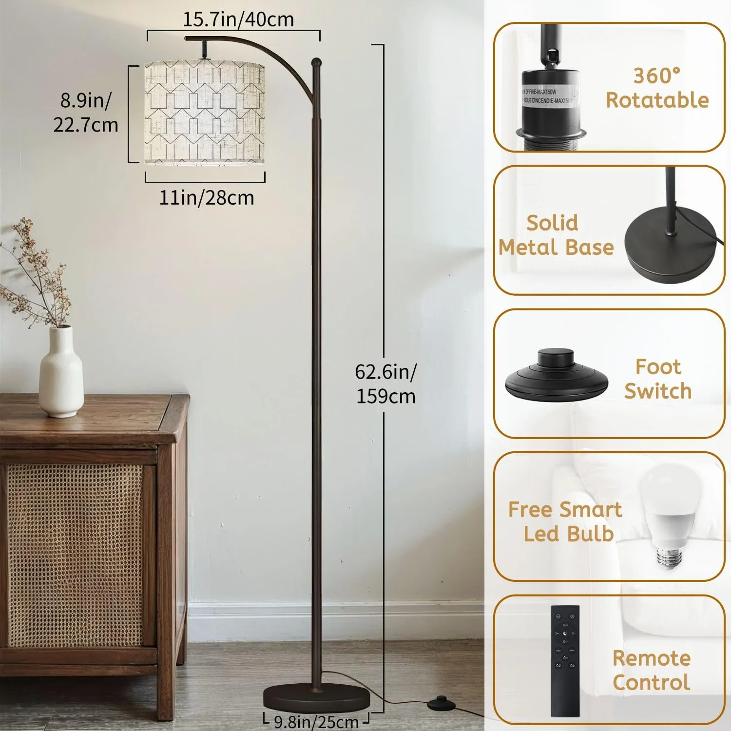 Arc Floor Lamps Arrow Pattern Abstract Geometric Simple Design Modern LED Adjustable Lampshade Standing Light for Living Room Reading Bedroom Office