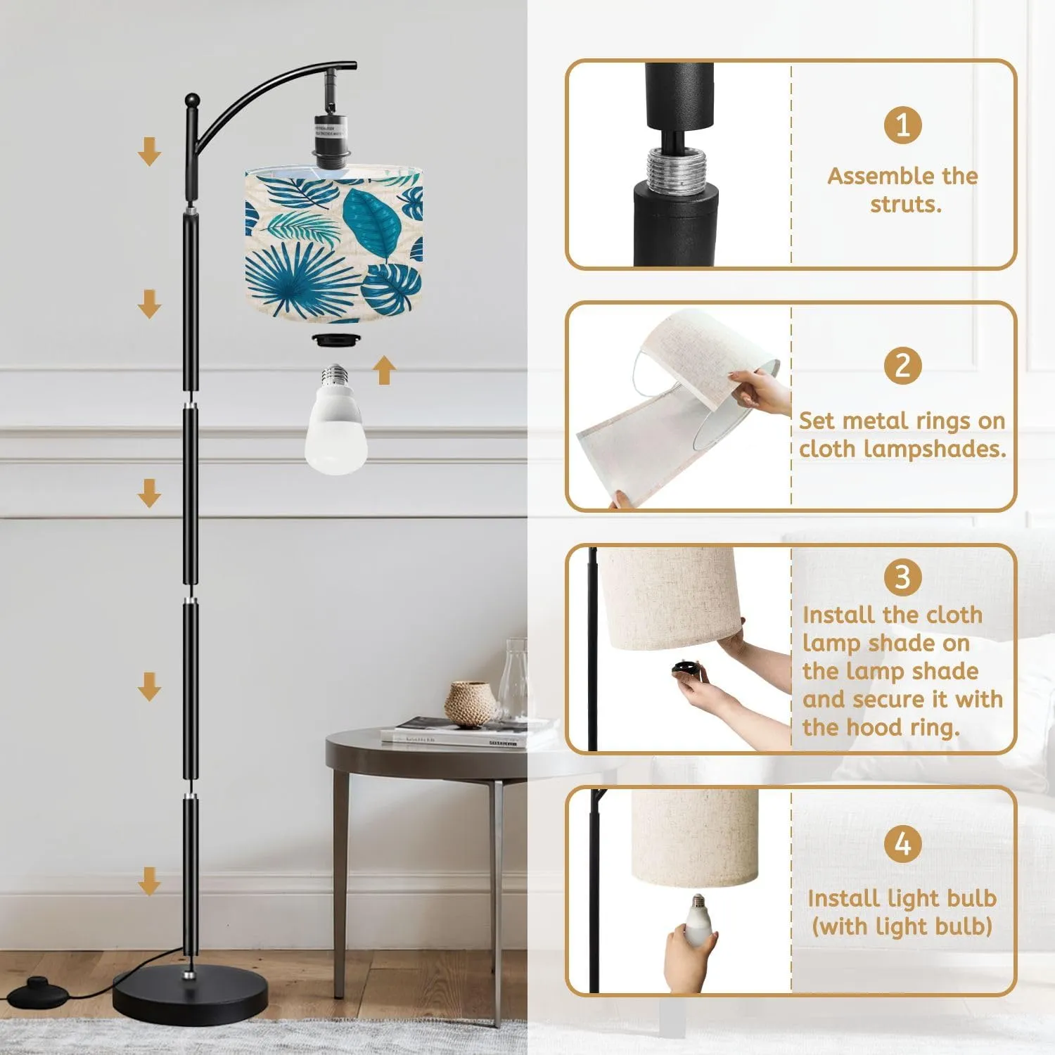 Arc Floor Lamps Blue Leaves Geometric Modern LED Adjustable Lampshade Standing Light for Living Room Reading Bedroom Office