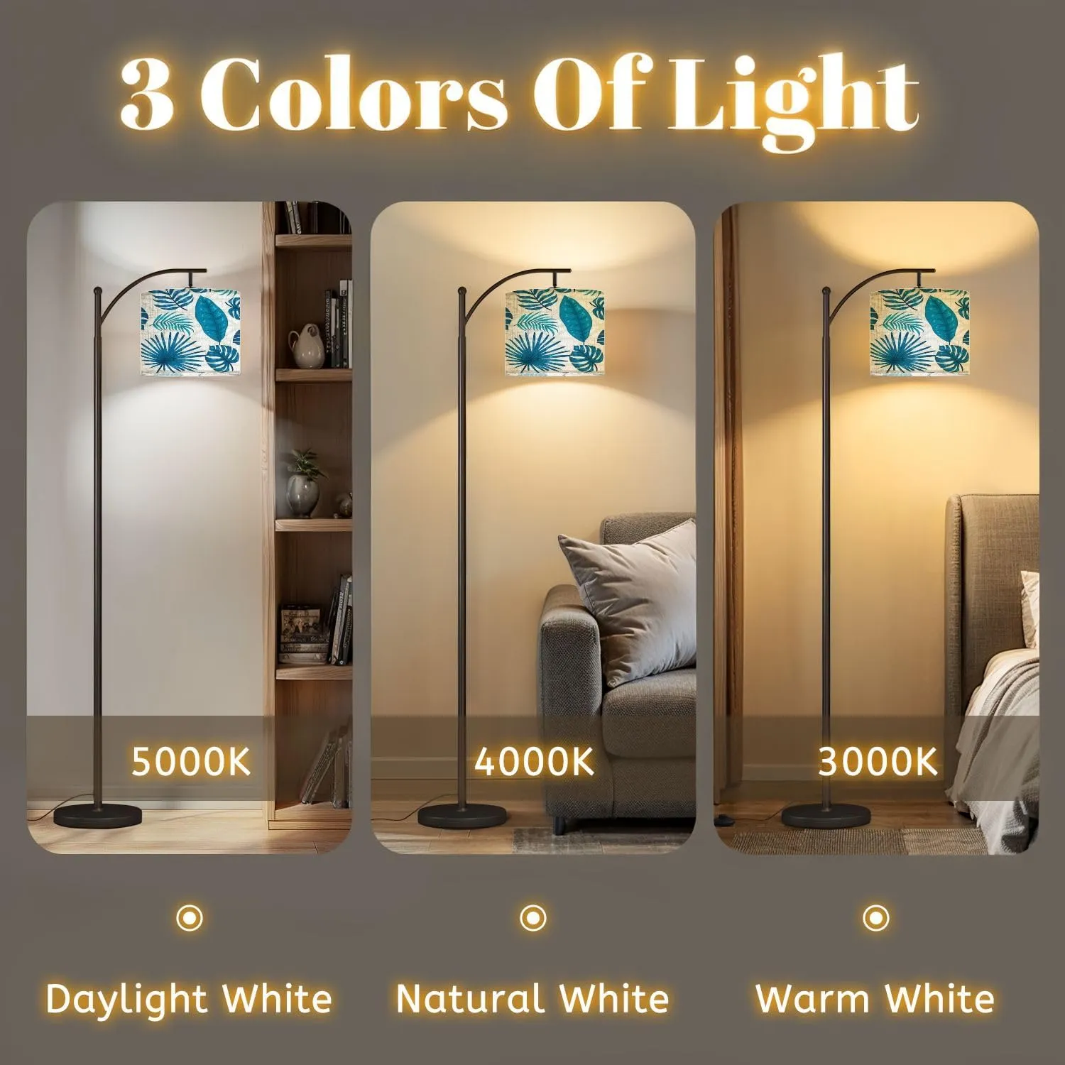 Arc Floor Lamps Blue Leaves Geometric Modern LED Adjustable Lampshade Standing Light for Living Room Reading Bedroom Office