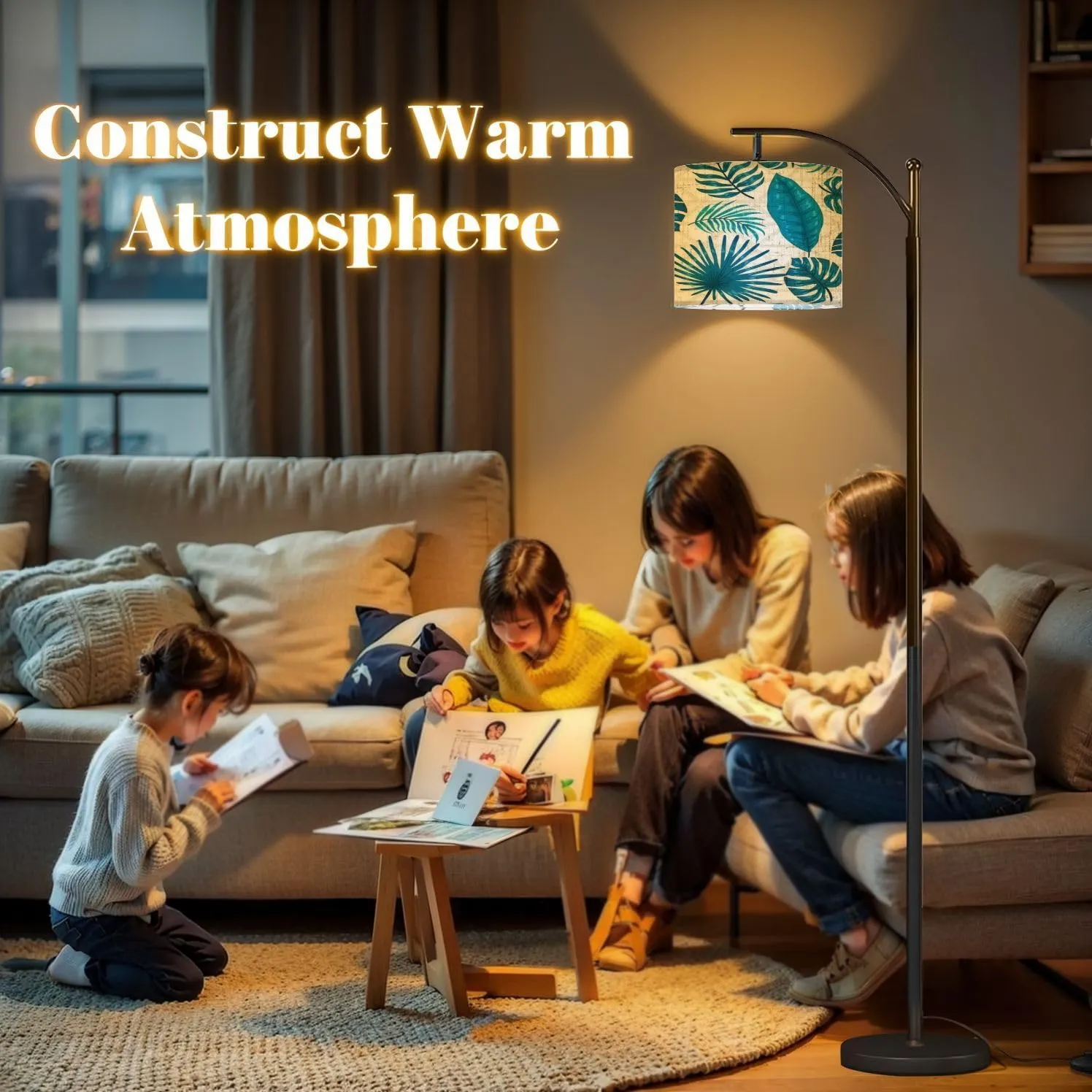 Arc Floor Lamps Blue Leaves Geometric Modern LED Adjustable Lampshade Standing Light for Living Room Reading Bedroom Office