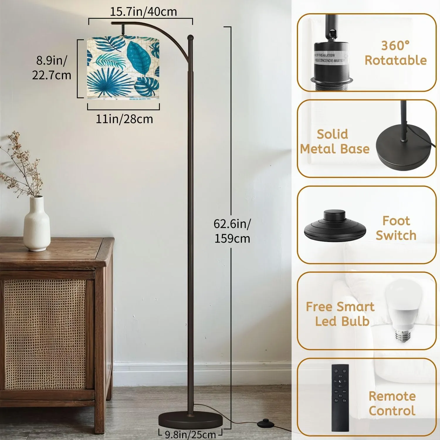 Arc Floor Lamps Blue Leaves Geometric Modern LED Adjustable Lampshade Standing Light for Living Room Reading Bedroom Office