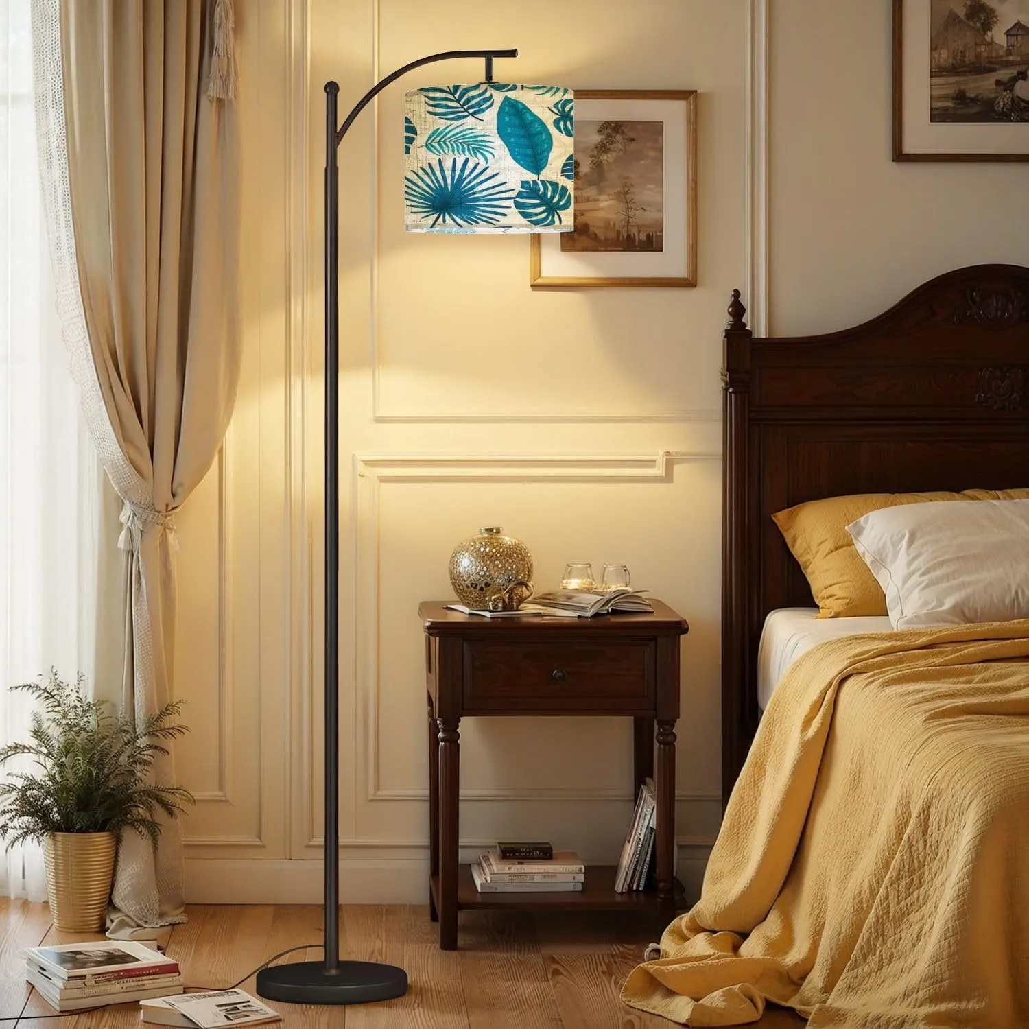 Arc Floor Lamps Blue Leaves Geometric Modern LED Adjustable Lampshade Standing Light for Living Room Reading Bedroom Office