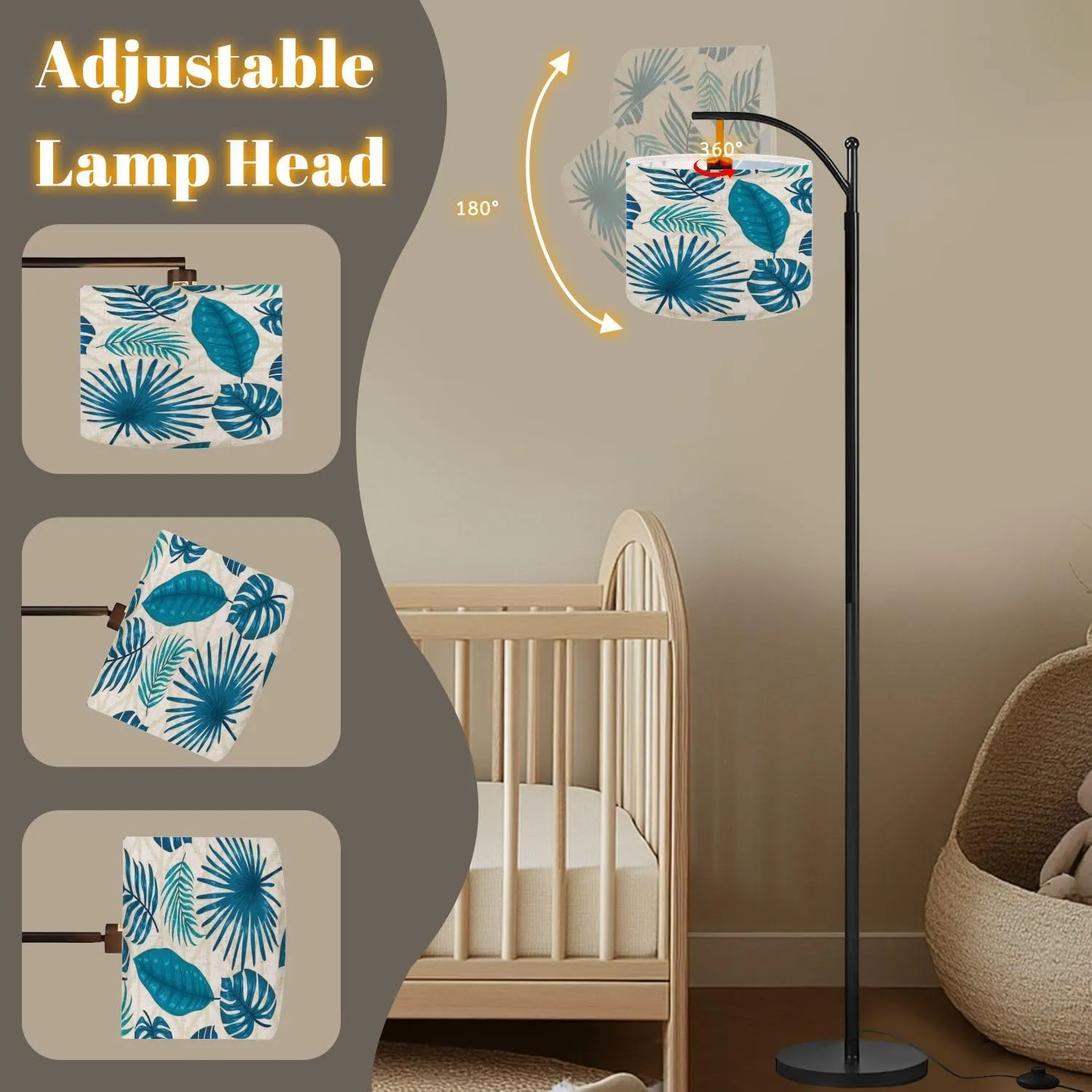 Arc Floor Lamps Blue Leaves Geometric Modern LED Adjustable Lampshade Standing Light for Living Room Reading Bedroom Office