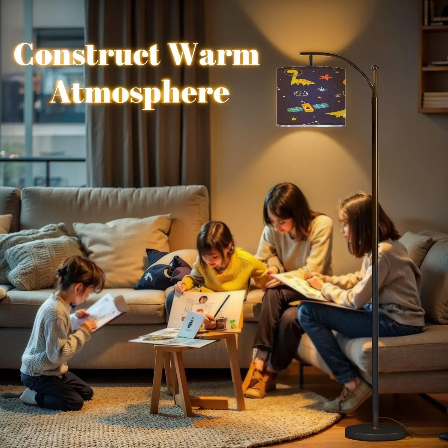 Arc Floor Lamps Bright Space Pattern Cute Dino Astronauts Seamless Cosmic Print Modern LED Adjustable Lampshade Standing Light for Living Room Reading Bedroom Office