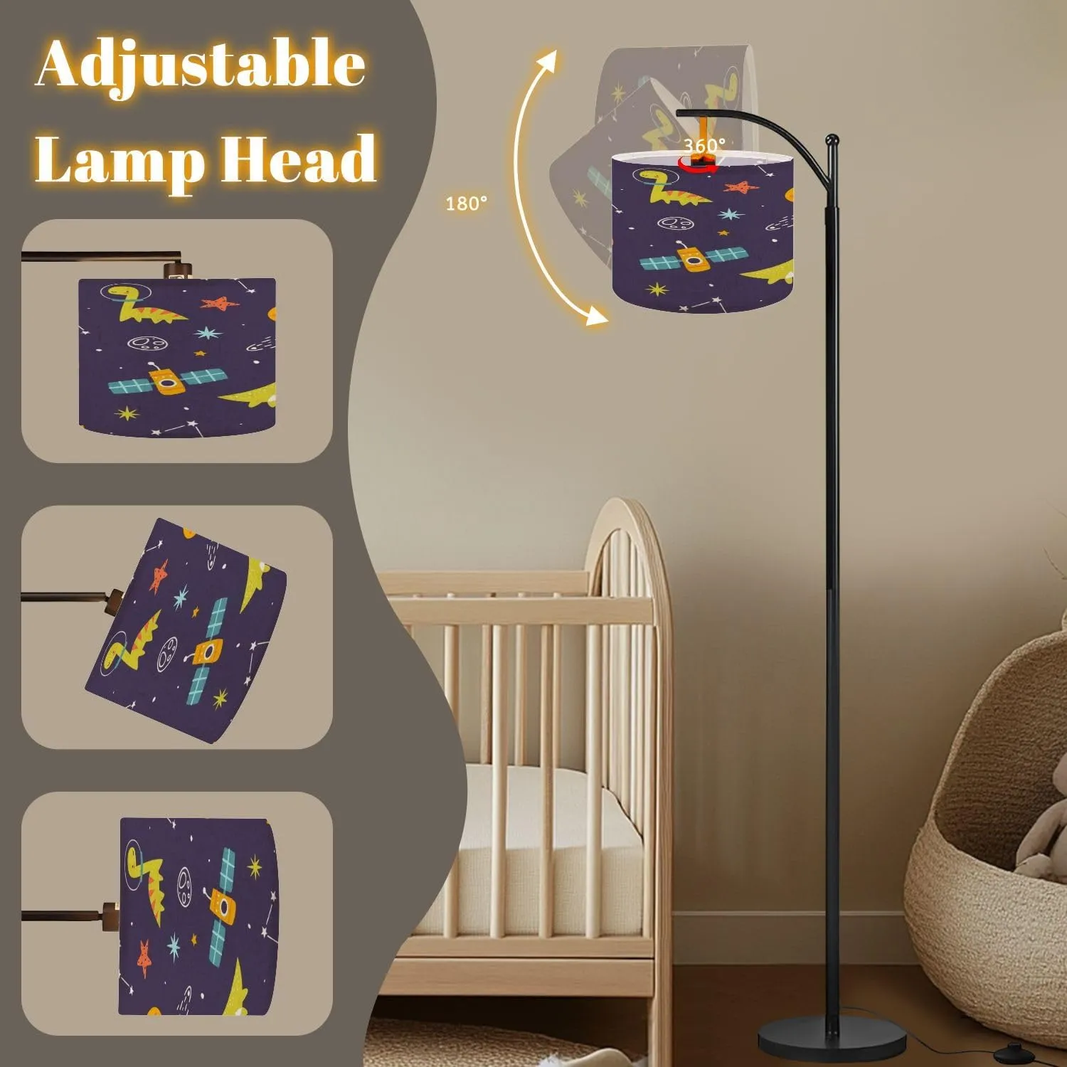 Arc Floor Lamps Bright Space Pattern Cute Dino Astronauts Seamless Cosmic Print Modern LED Adjustable Lampshade Standing Light for Living Room Reading Bedroom Office