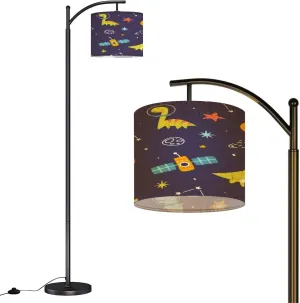 Arc Floor Lamps Bright Space Pattern Cute Dino Astronauts Seamless Cosmic Print Modern LED Adjustable Lampshade Standing Light for Living Room Reading Bedroom Office