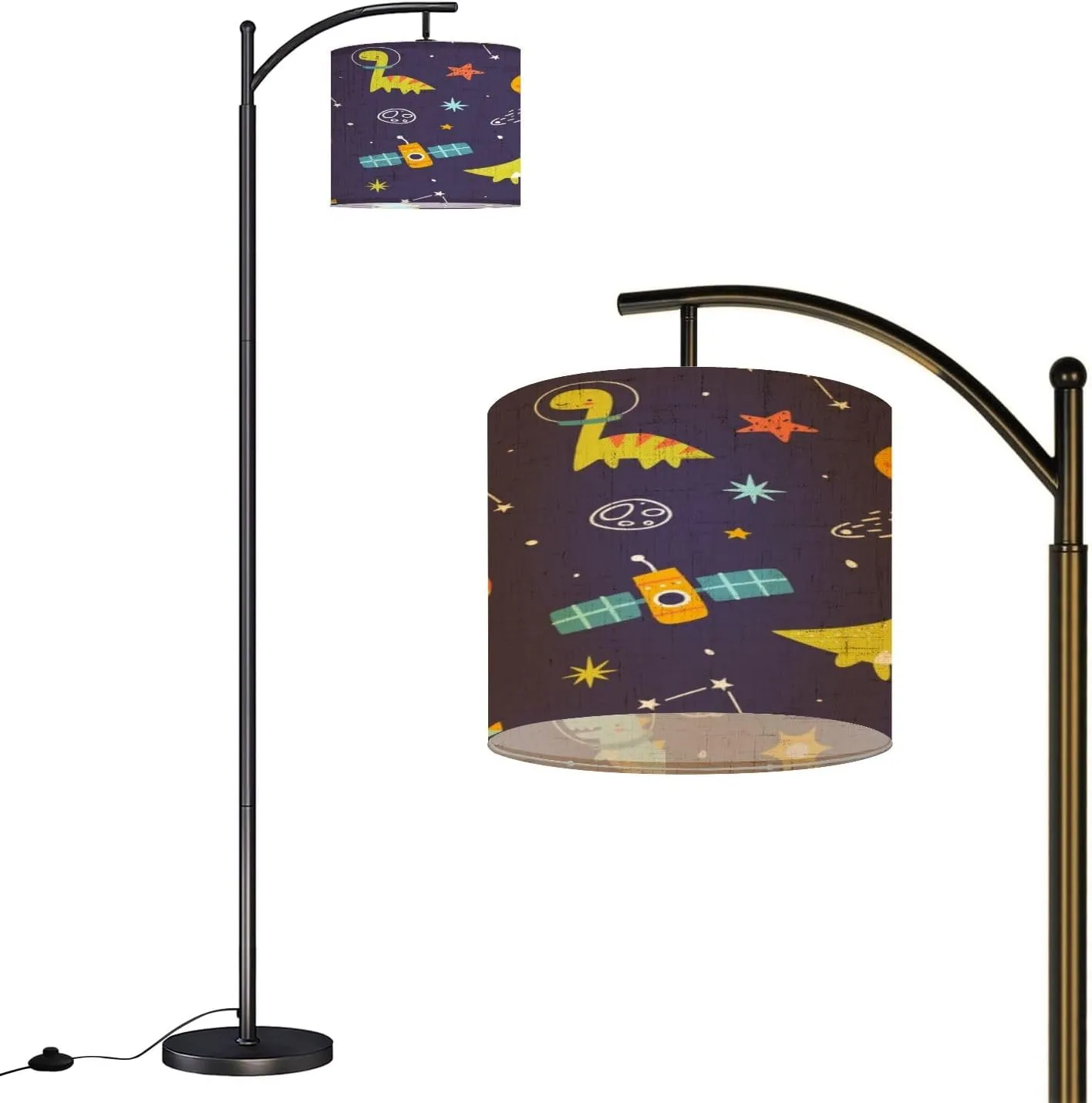 Arc Floor Lamps Bright Space Pattern Cute Dino Astronauts Seamless Cosmic Print Modern LED Adjustable Lampshade Standing Light for Living Room Reading Bedroom Office