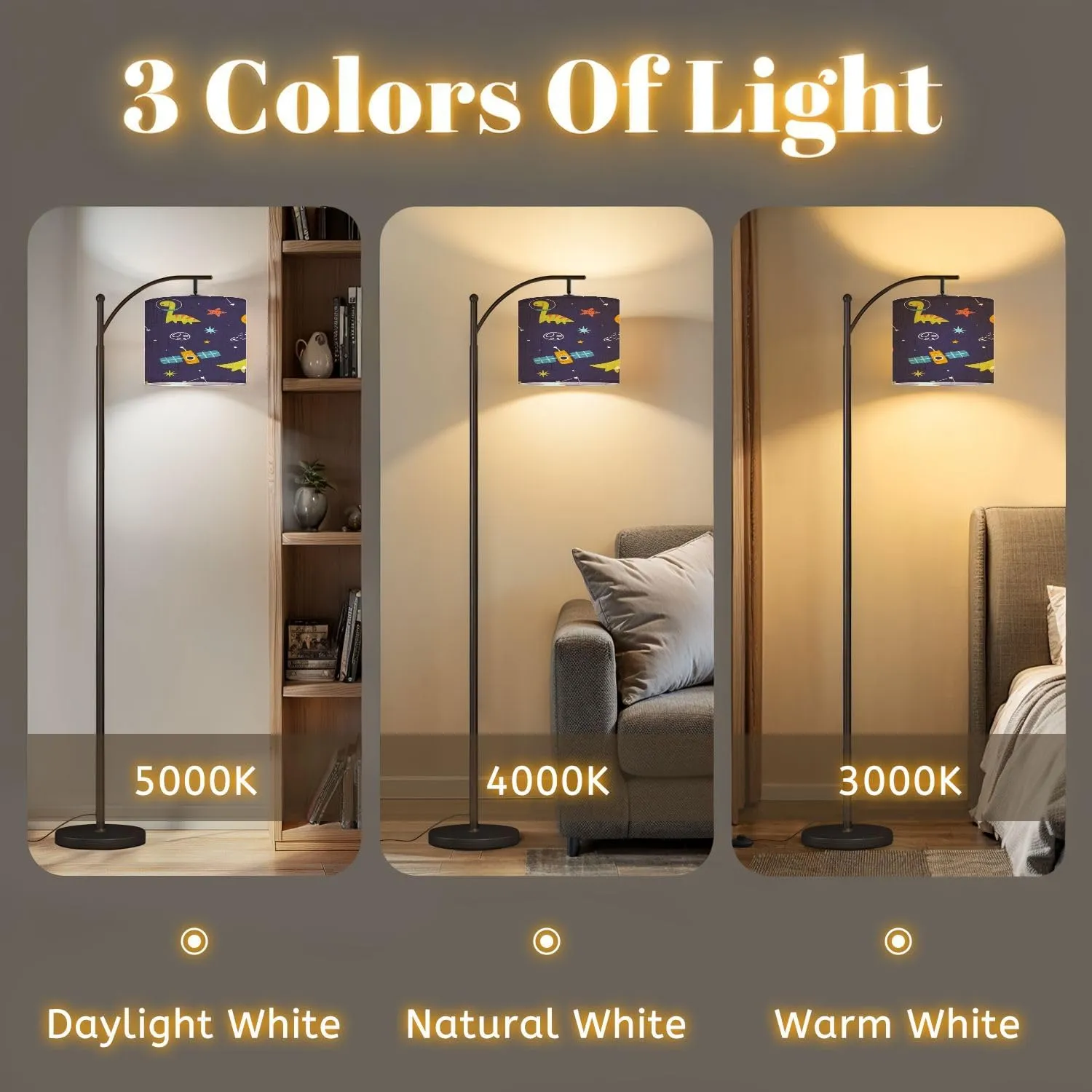 Arc Floor Lamps Bright Space Pattern Cute Dino Astronauts Seamless Cosmic Print Modern LED Adjustable Lampshade Standing Light for Living Room Reading Bedroom Office