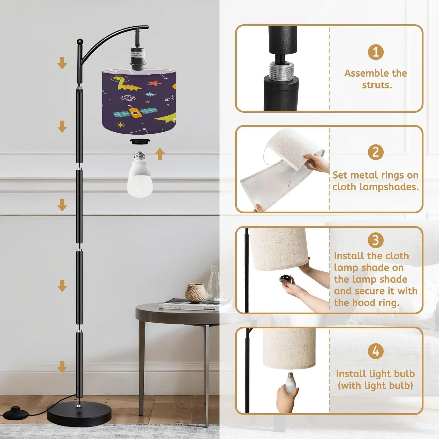 Arc Floor Lamps Bright Space Pattern Cute Dino Astronauts Seamless Cosmic Print Modern LED Adjustable Lampshade Standing Light for Living Room Reading Bedroom Office