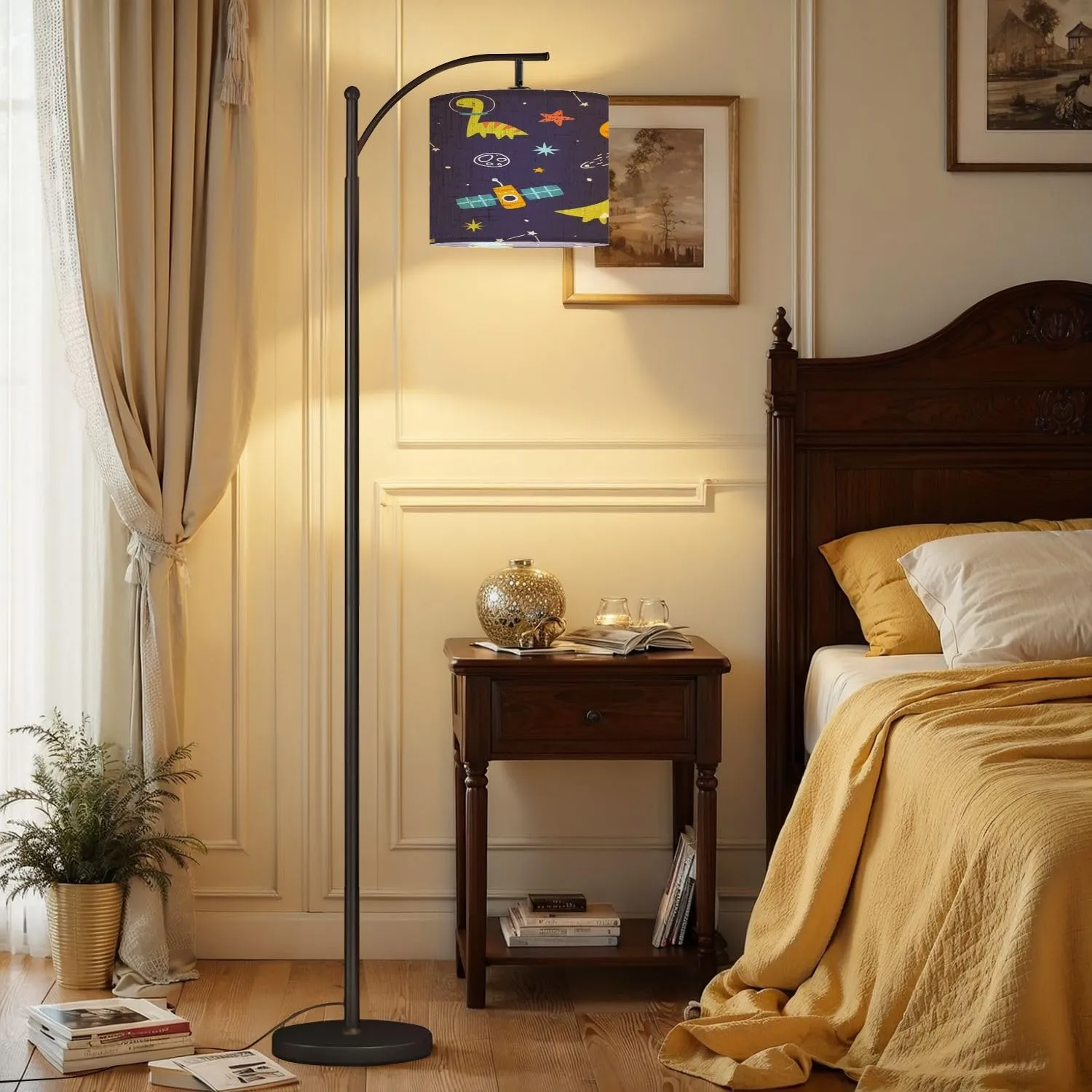 Arc Floor Lamps Bright Space Pattern Cute Dino Astronauts Seamless Cosmic Print Modern LED Adjustable Lampshade Standing Light for Living Room Reading Bedroom Office