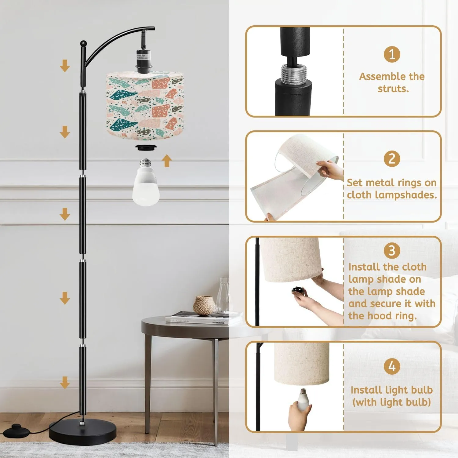 Arc Floor Lamps Colorful terrazzo Pattern Design Modern LED Adjustable Lampshade Standing Light for Living Room Reading Bedroom Office