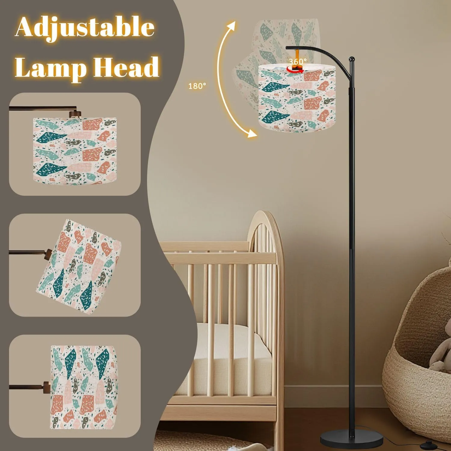 Arc Floor Lamps Colorful terrazzo Pattern Design Modern LED Adjustable Lampshade Standing Light for Living Room Reading Bedroom Office