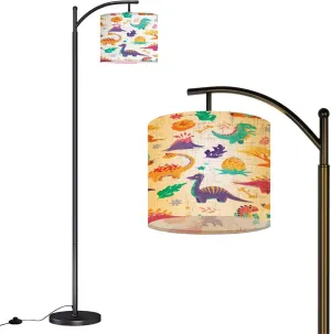 Arc Floor Lamps Cute Dinosaurs Trees Volcanoes White Children s Colorful Print Modern LED Adjustable Lampshade Standing Light for Living Room Reading Bedroom Office