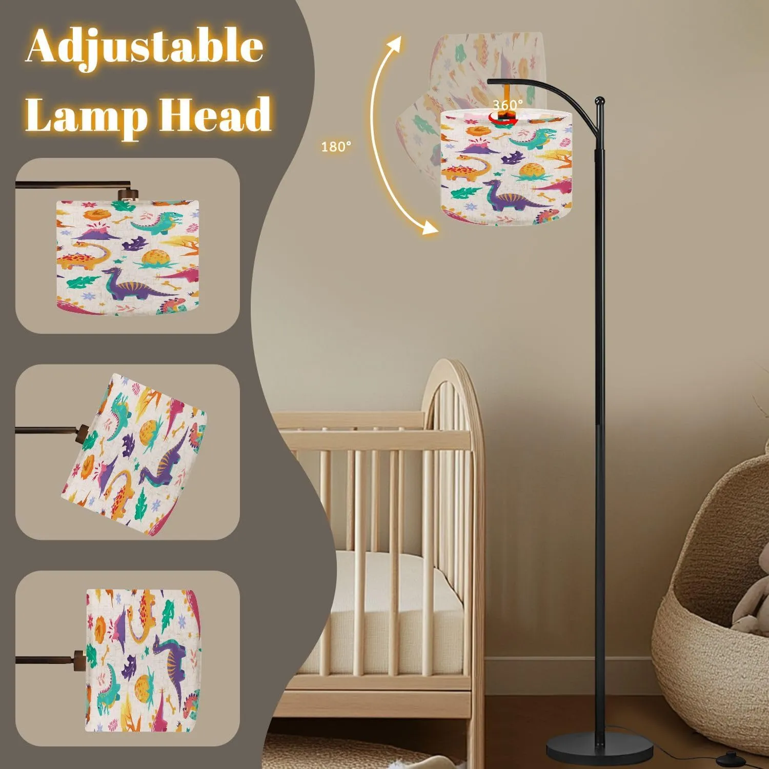 Arc Floor Lamps Cute Dinosaurs Trees Volcanoes White Children s Colorful Print Modern LED Adjustable Lampshade Standing Light for Living Room Reading Bedroom Office