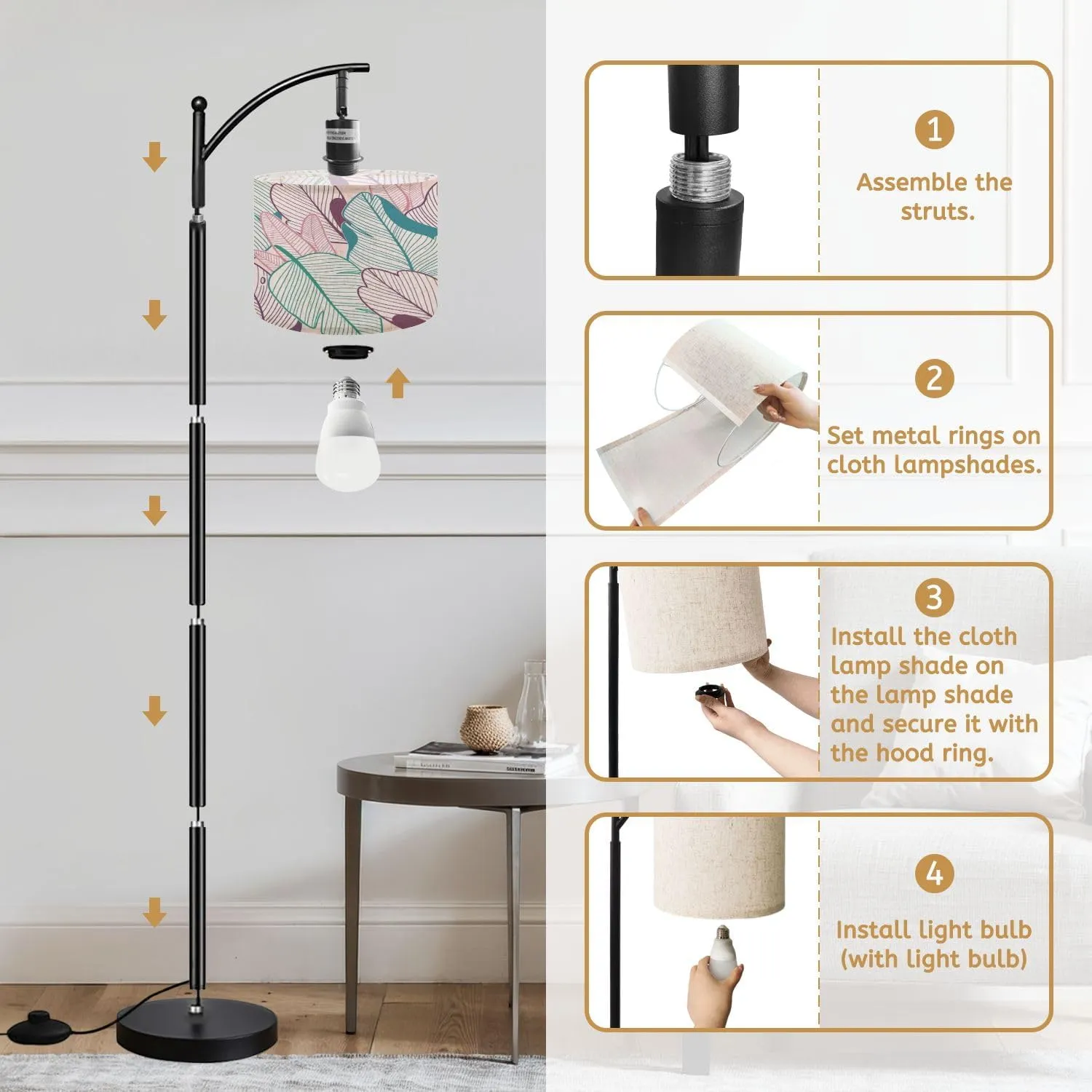 Arc Floor Lamps Linear Tropical Leaves Pastel Color Design Modern LED Adjustable Lampshade Standing Light for Living Room Reading Bedroom Office