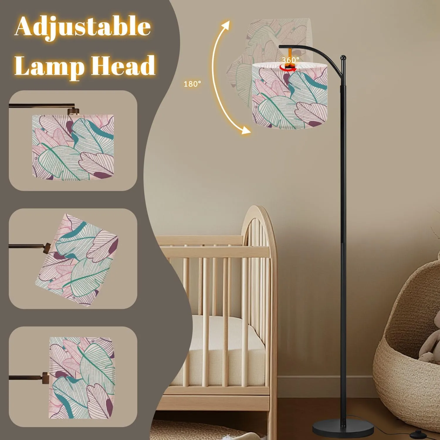 Arc Floor Lamps Linear Tropical Leaves Pastel Color Design Modern LED Adjustable Lampshade Standing Light for Living Room Reading Bedroom Office