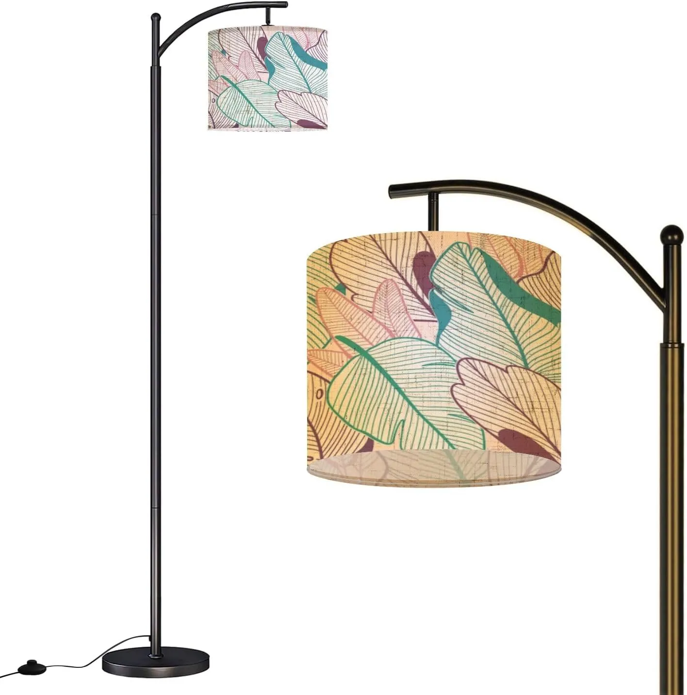Arc Floor Lamps Linear Tropical Leaves Pastel Color Design Modern LED Adjustable Lampshade Standing Light for Living Room Reading Bedroom Office