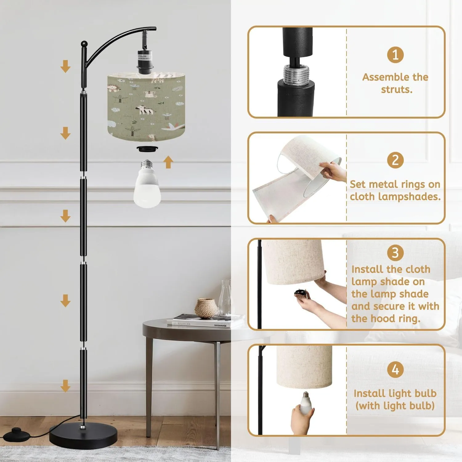Arc Floor Lamps Seamless children s design Creative Scandinavian children s textures Modern LED Adjustable Lampshade Standing Light for Living Room Reading Bedroom Office