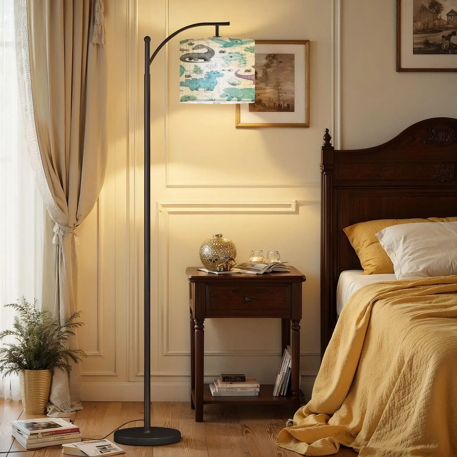 Arc Floor Lamps Seamless Pattern Watercolor Cute Little Dinosaurs Characters Cartoon Modern LED Adjustable Lampshade Standing Light for Living Room Reading Bedroom Office