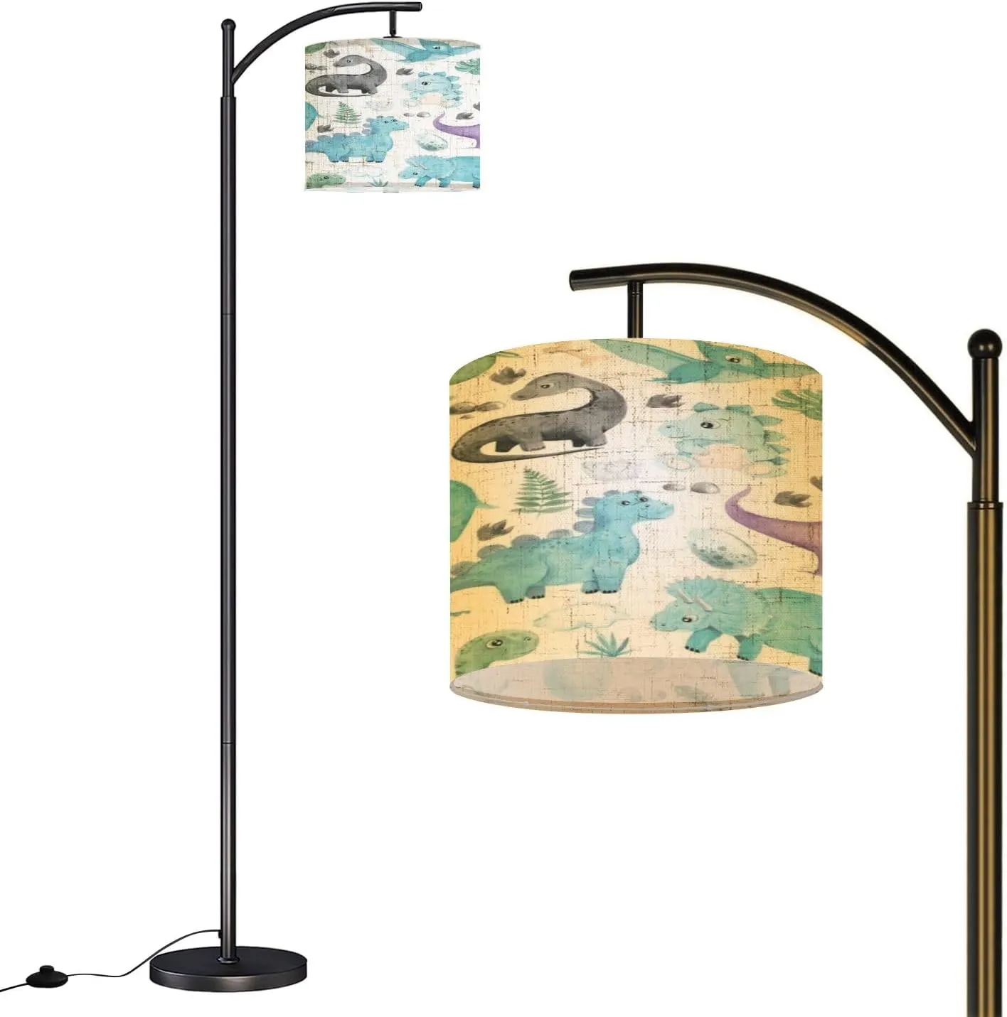 Arc Floor Lamps Seamless Pattern Watercolor Cute Little Dinosaurs Characters Cartoon Modern LED Adjustable Lampshade Standing Light for Living Room Reading Bedroom Office