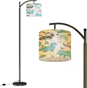 Arc Floor Lamps Seamless Pattern Watercolor Cute Little Dinosaurs Characters Cartoon Modern LED Adjustable Lampshade Standing Light for Living Room Reading Bedroom Office