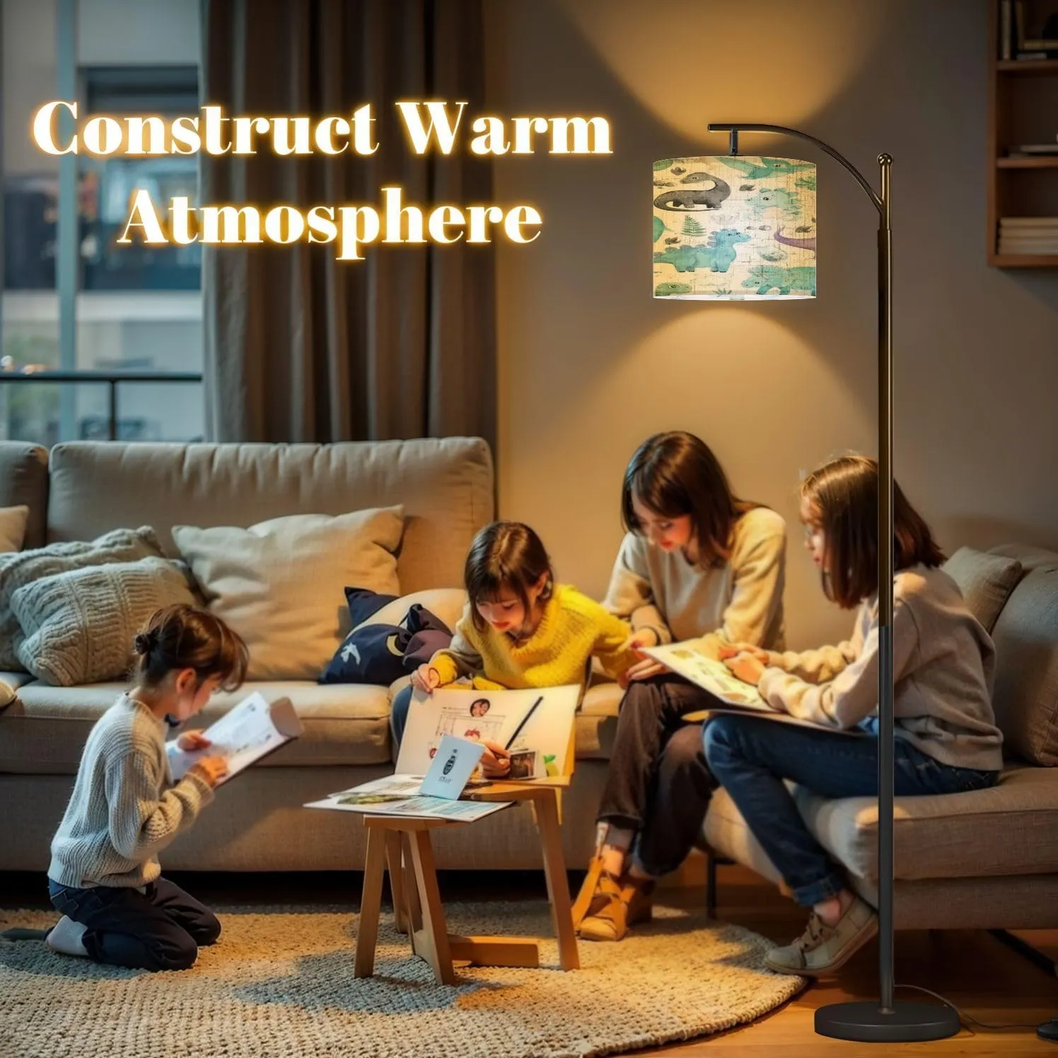 Arc Floor Lamps Seamless Pattern Watercolor Cute Little Dinosaurs Characters Cartoon Modern LED Adjustable Lampshade Standing Light for Living Room Reading Bedroom Office