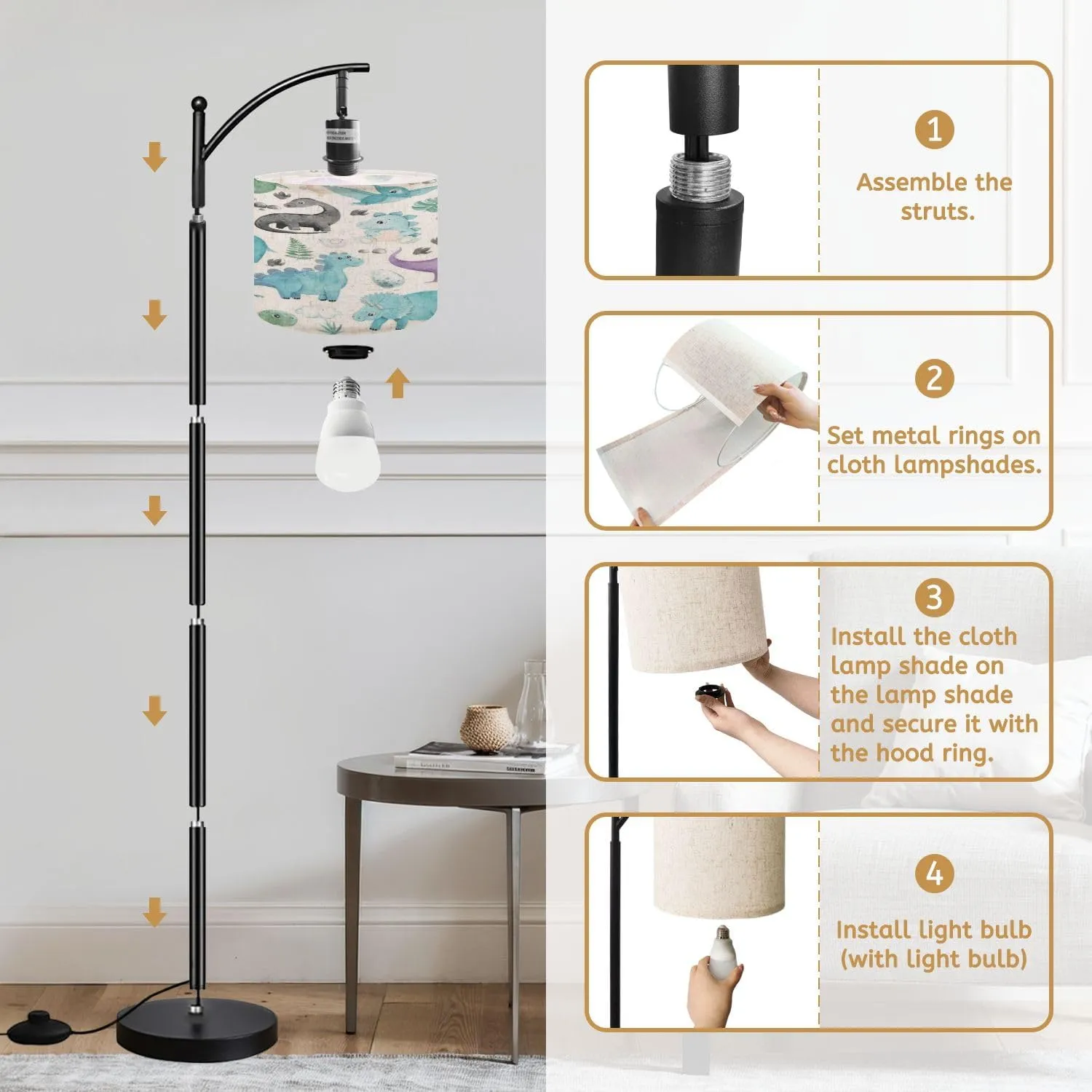 Arc Floor Lamps Seamless Pattern Watercolor Cute Little Dinosaurs Characters Cartoon Modern LED Adjustable Lampshade Standing Light for Living Room Reading Bedroom Office