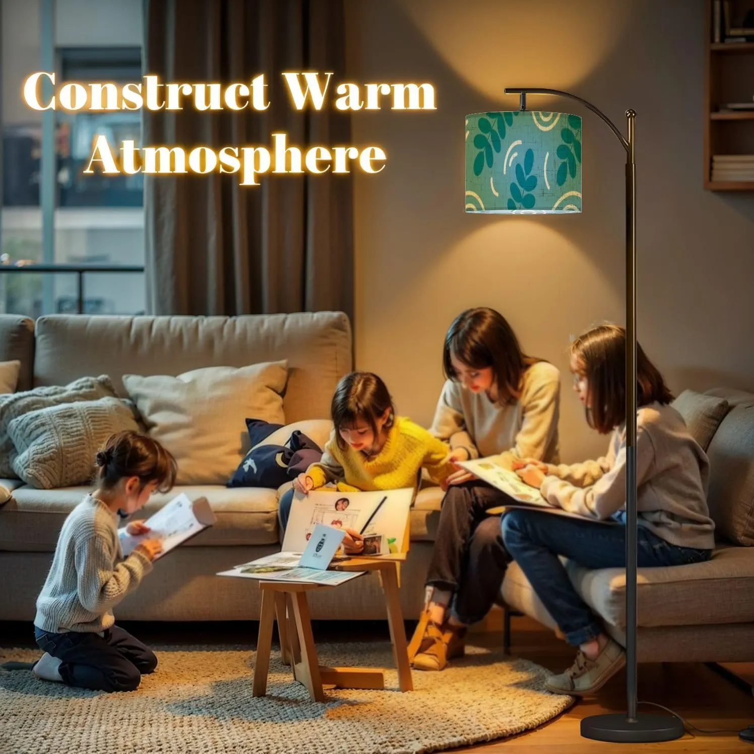 Arc Floor Lamps Spring Floral Washi Tape Modern LED Adjustable Lampshade Standing Light for Living Room Reading Bedroom Office