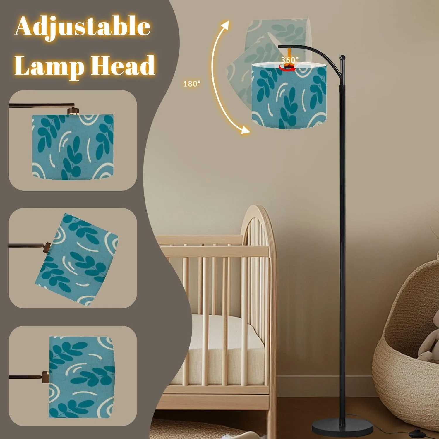 Arc Floor Lamps Spring Floral Washi Tape Modern LED Adjustable Lampshade Standing Light for Living Room Reading Bedroom Office