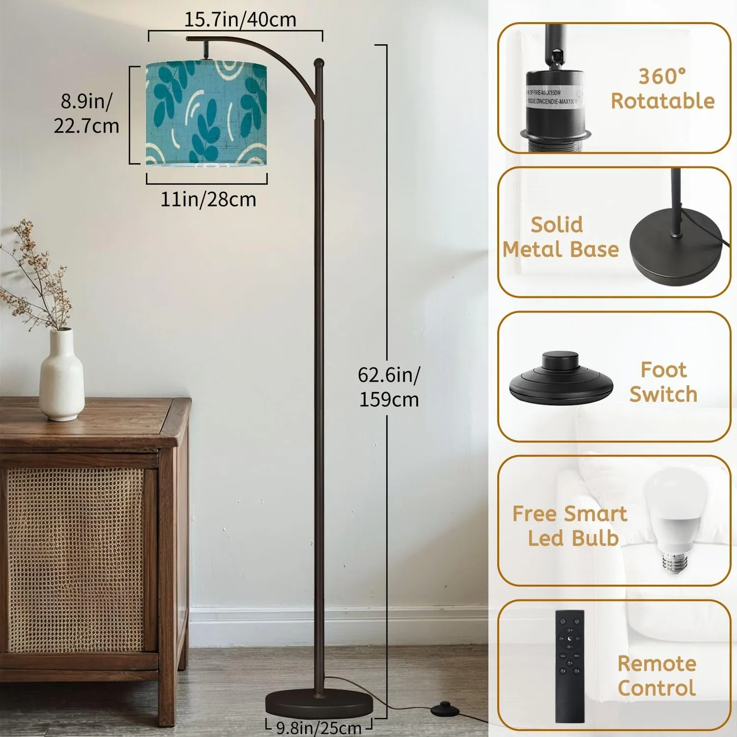 Arc Floor Lamps Spring Floral Washi Tape Modern LED Adjustable Lampshade Standing Light for Living Room Reading Bedroom Office